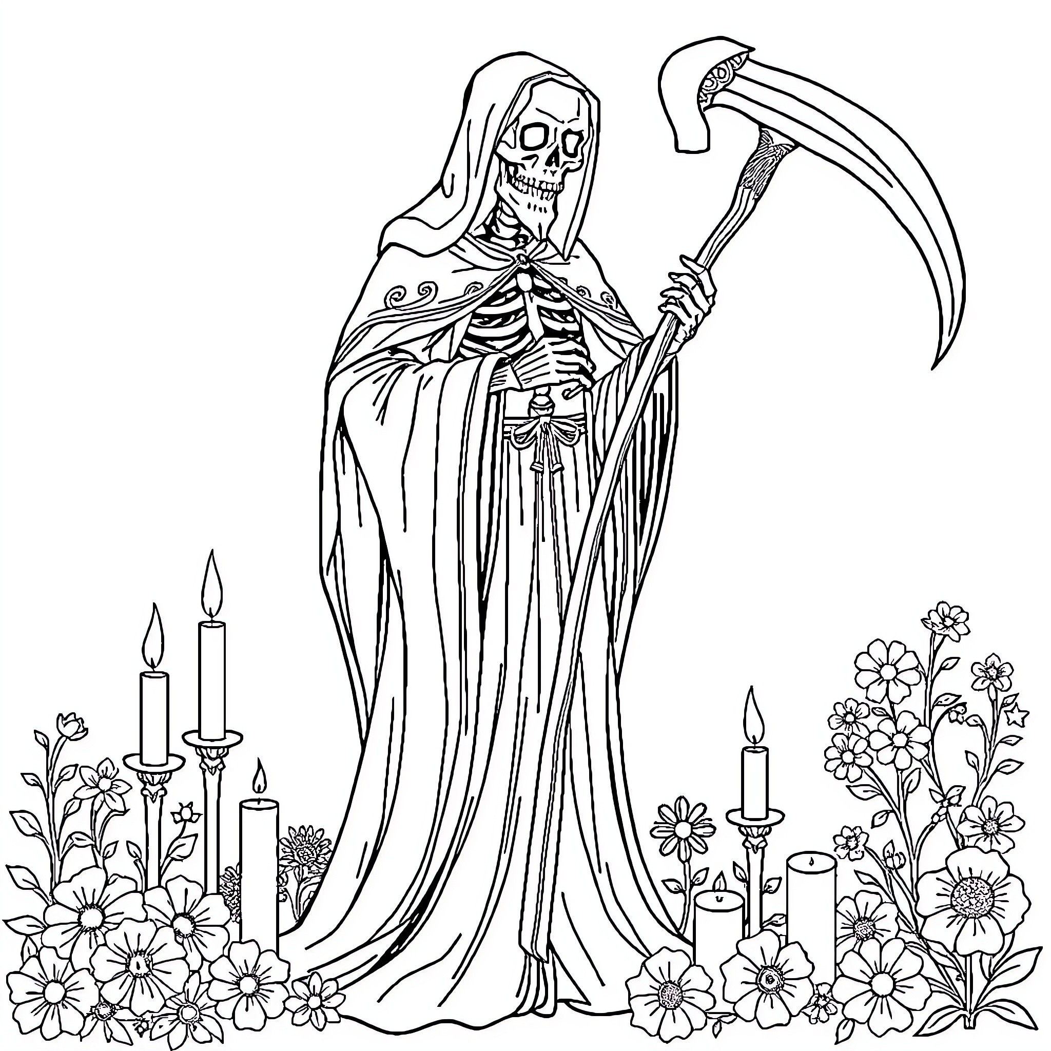 Santa Muerte holding a scythe among flowers and candles Coloring Page (free black-and-white line drawing printable PDF for all, from beginners to advanced learners, including children, teens, adults, and seniors)