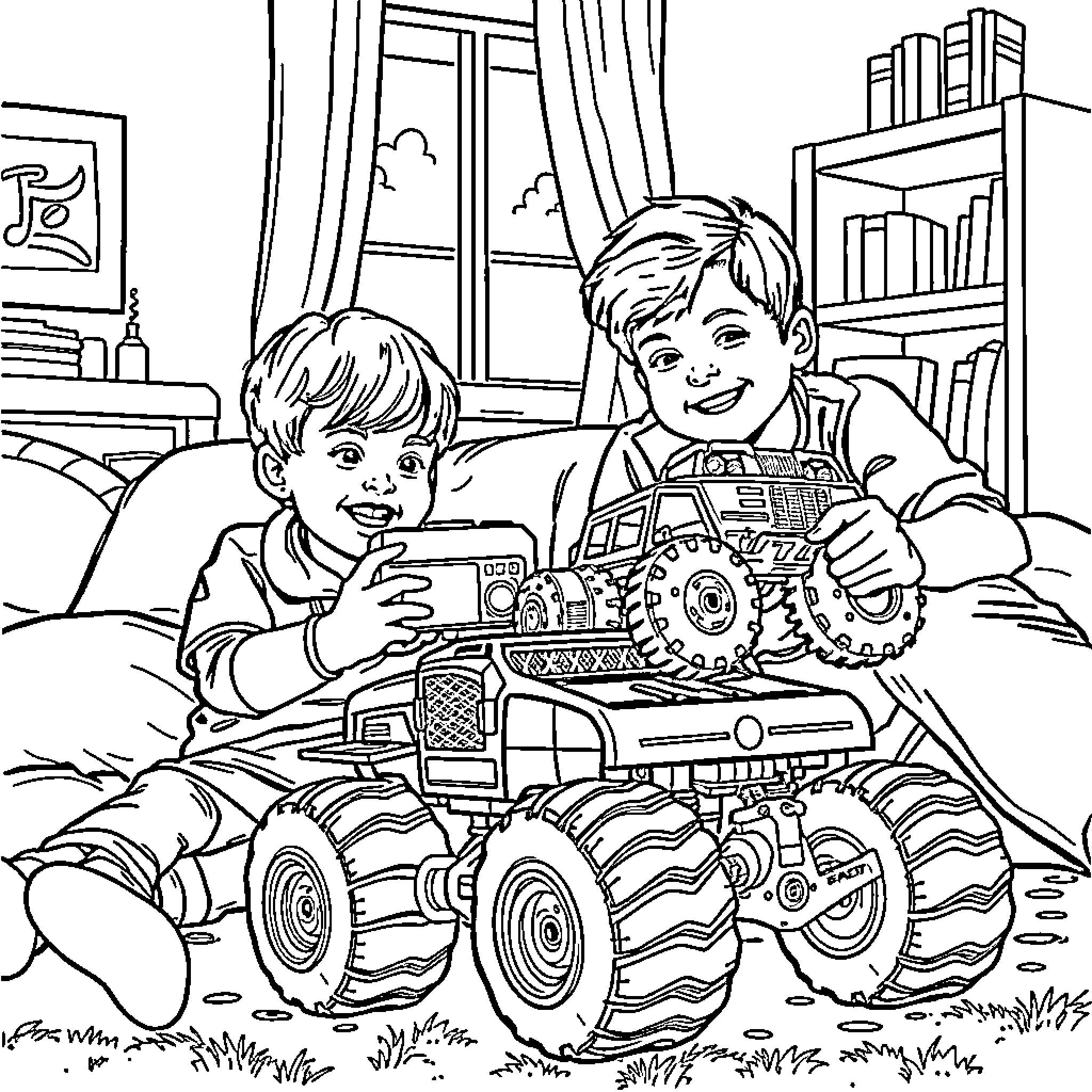 Boys playing with toy monster trucks indoors Coloring Page (free black-and-white line drawing printable PDF for all, from beginners to advanced learners, including children, teens, adults, and seniors)