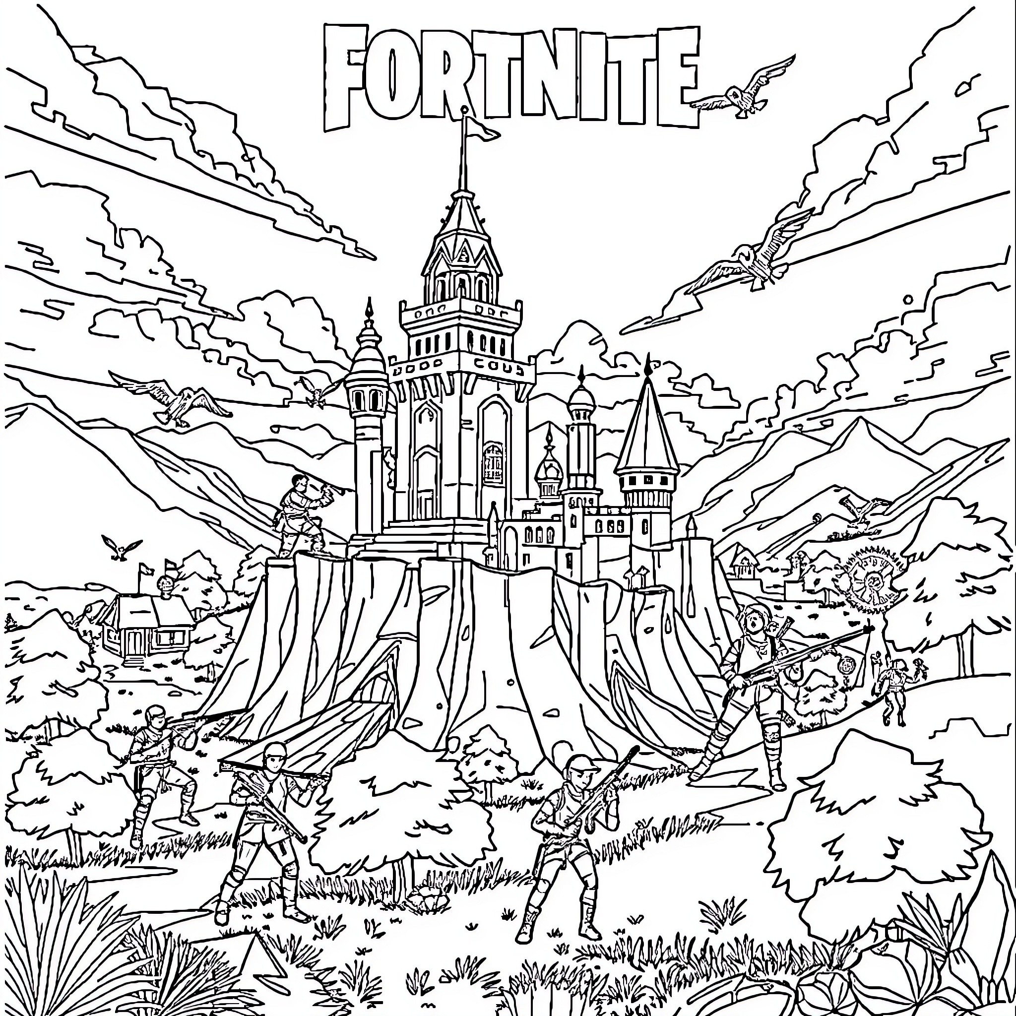 Fortnite Characters and Scenery in Detailed Illustration Coloring Page (free black-and-white line drawing printable PDF for all, from beginners to advanced learners, including children, teens, adults, and seniors)