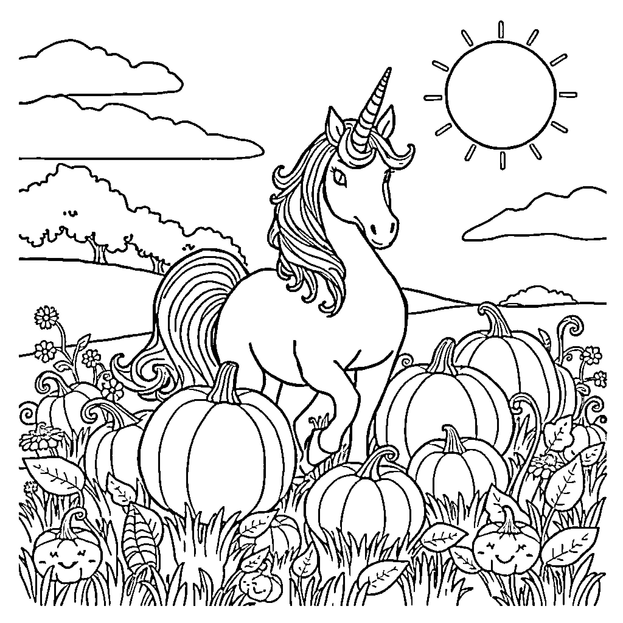 Unicorn standing amidst pumpkins and flowers in a field Coloring Page (free black-and-white line drawing printable PDF for all, from beginners to advanced learners, including children, teens, adults, and seniors)