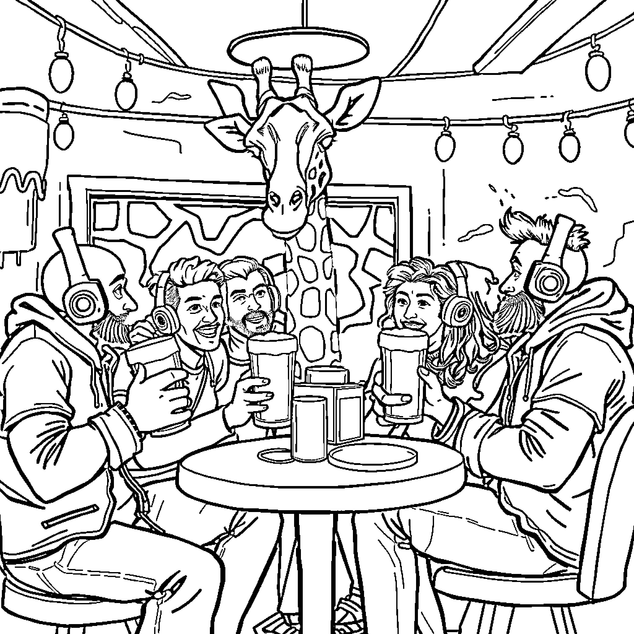 Friend's Gathering in a Vibrant Café Coloring Page (free black-and-white line drawing printable PDF for all, from beginners to advanced learners, including children, teens, adults, and seniors)