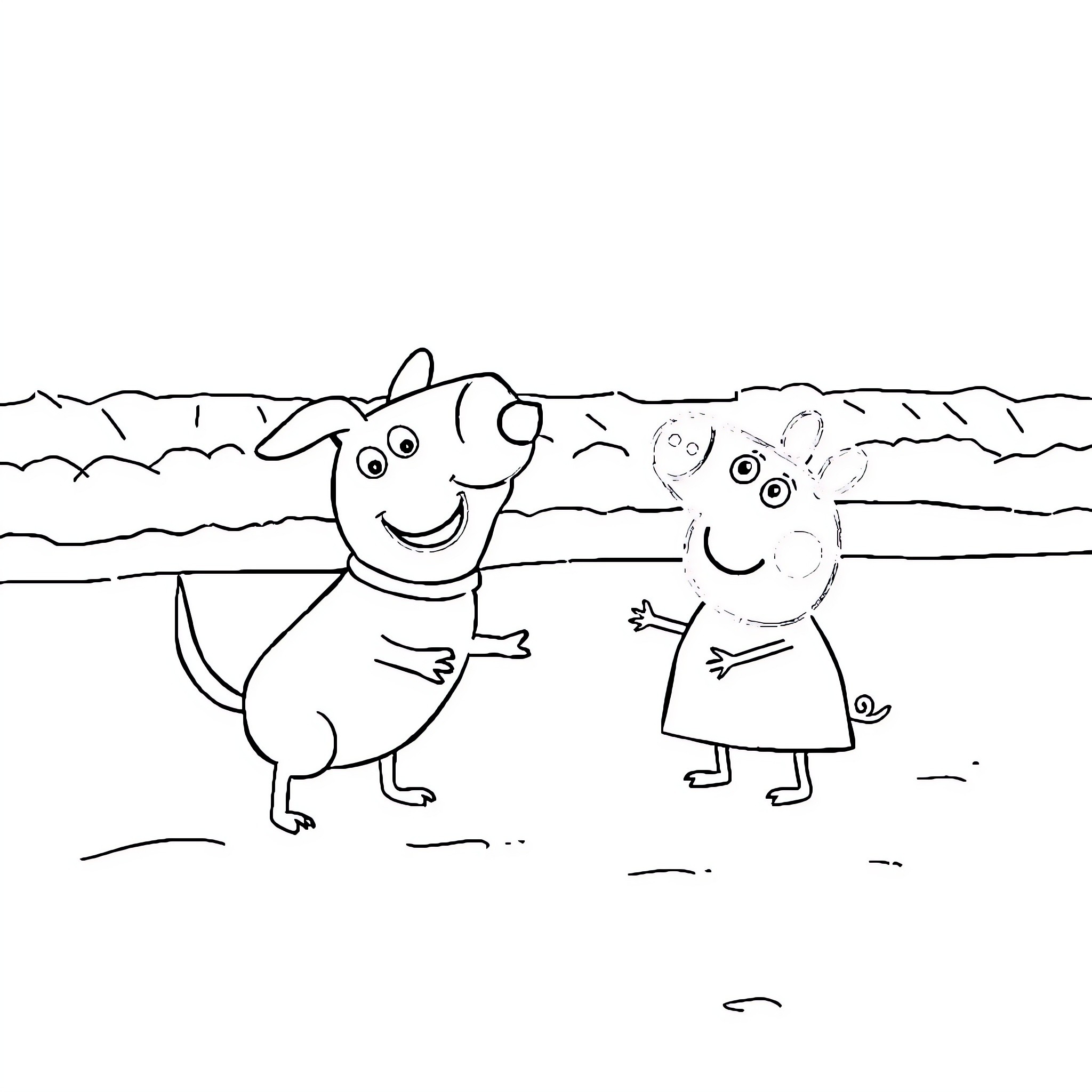 Bluey and Bingo playing outdoors Coloring Page (free black-and-white line drawing printable PDF for all, from beginners to advanced learners, including children, teens, adults, and seniors)