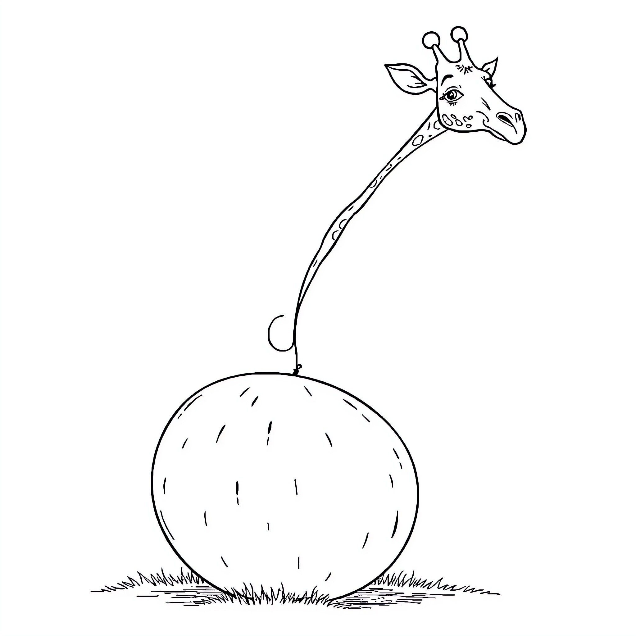 Giraffe peering curiously at a large egg Coloring Page (free black-and-white line drawing printable PDF for all, from beginners to advanced learners, including children, teens, adults, and seniors)