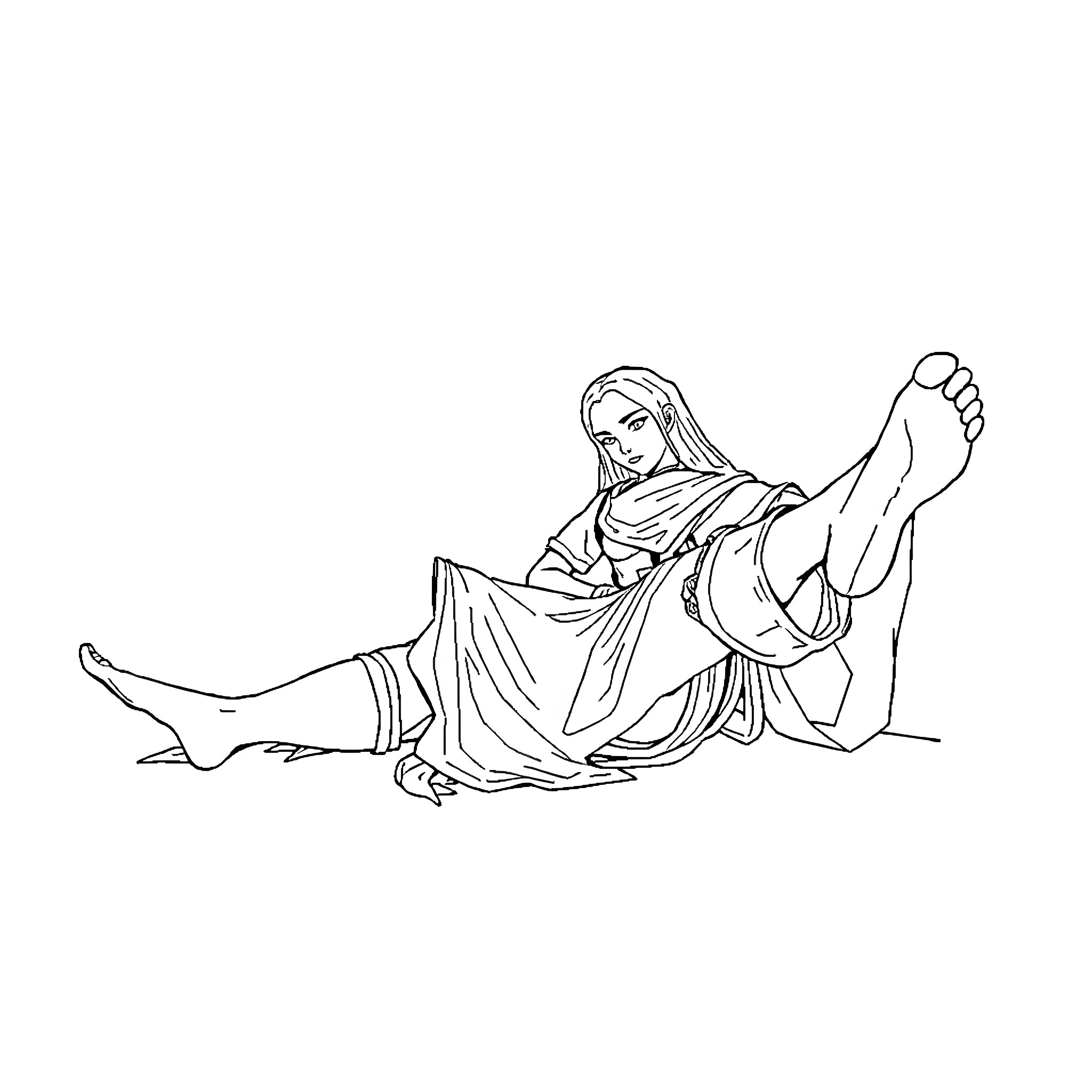 Karlach, the reclining warrior Coloring Page (free black-and-white line drawing printable PDF for all, from beginners to advanced learners, including children, teens, adults, and seniors)