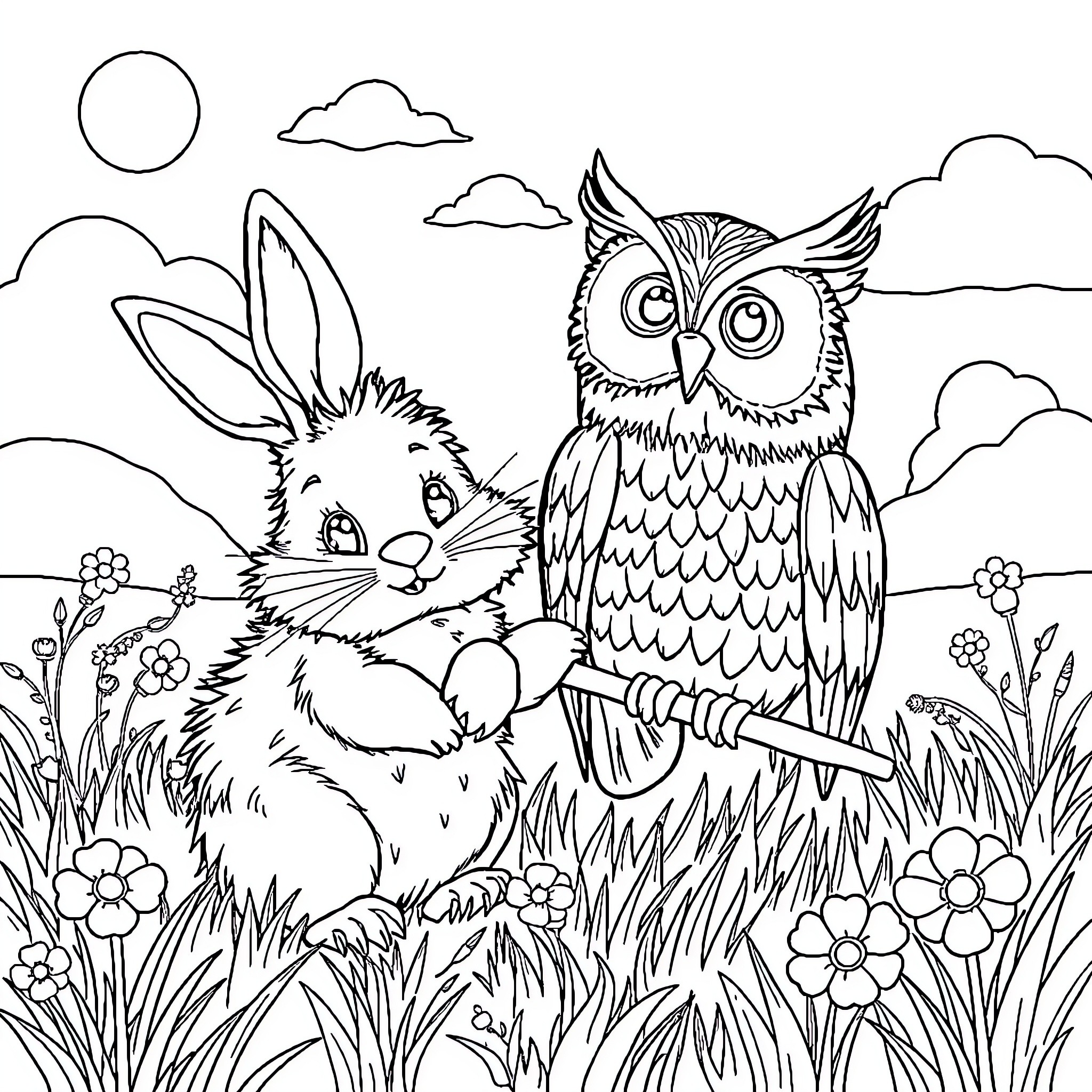 Rabbit and Owl in Flower Field Coloring Page (free black-and-white line drawing printable PDF for all, from beginners to advanced learners, including children, teens, adults, and seniors)