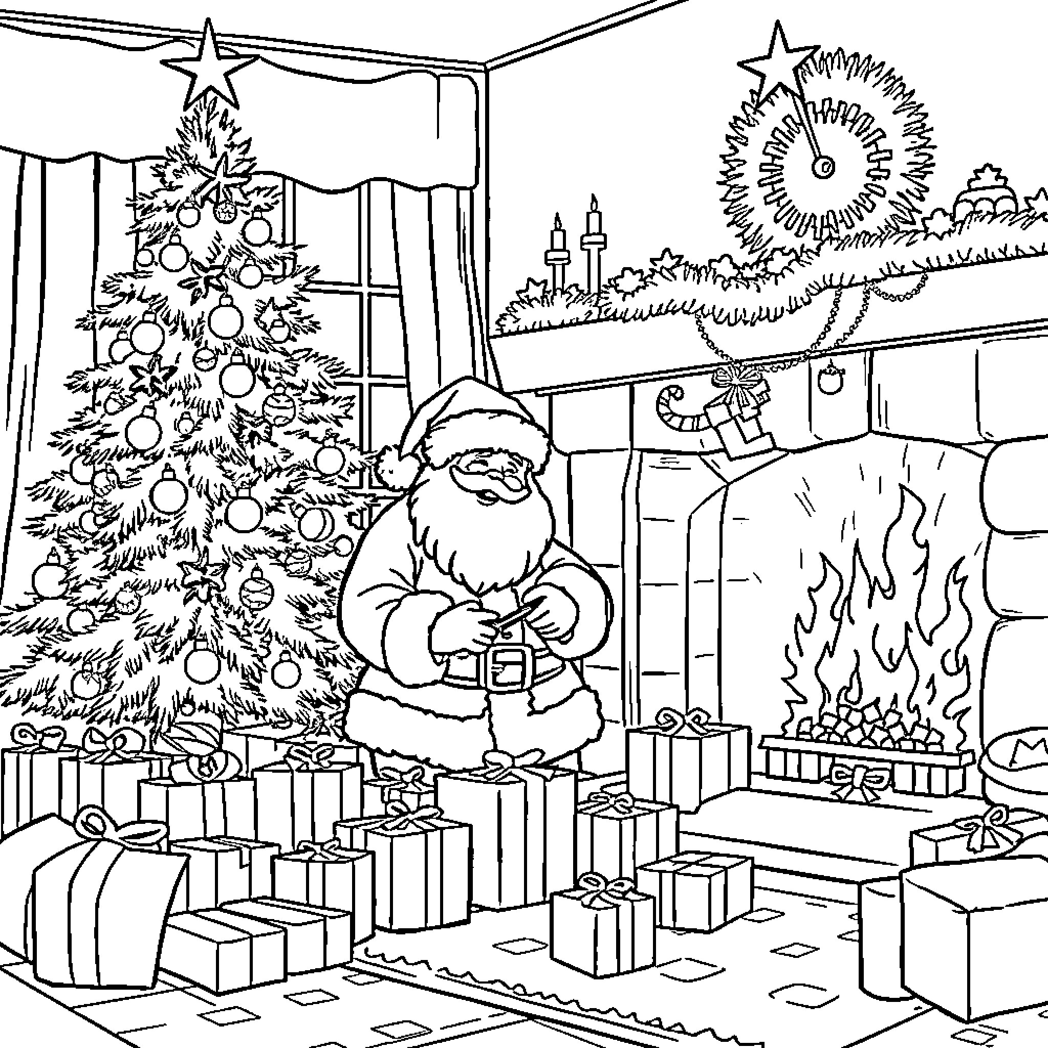 Santa decorating Christmas tree in festive living room Coloring Page (free black-and-white line drawing printable PDF for all, from beginners to advanced learners, including children, teens, adults, and seniors)