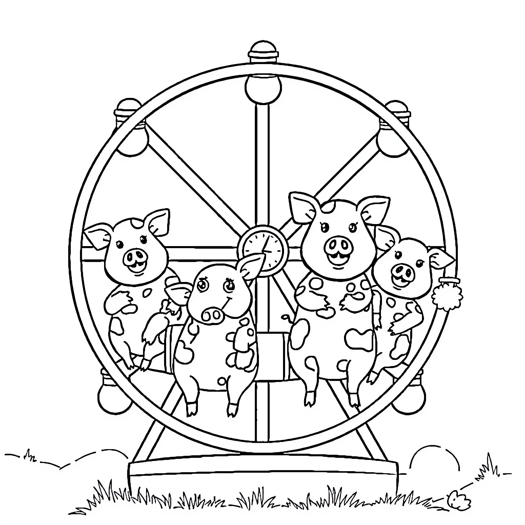 Pigs riding on a Ferris wheel Coloring Page (free black-and-white line drawing printable PDF for all, from beginners to advanced learners, including children, teens, adults, and seniors)