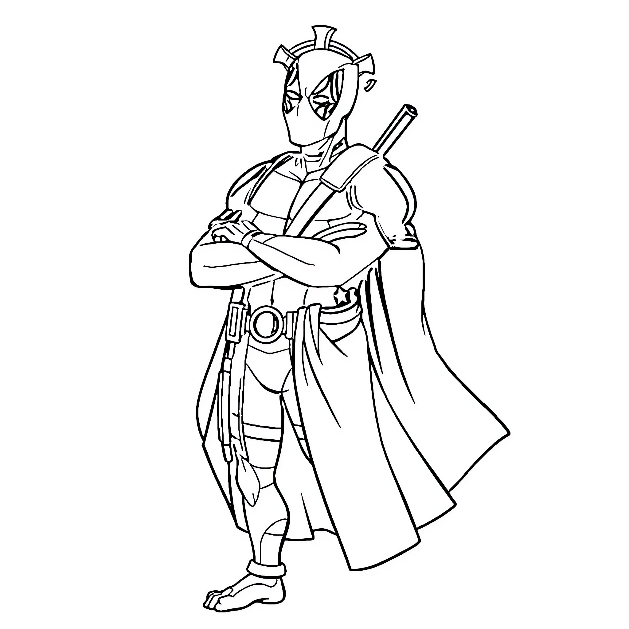Deadpool in action-packed superhero pose Coloring Page (free black-and-white line drawing printable PDF for all, from beginners to advanced learners, including children, teens, adults, and seniors)
