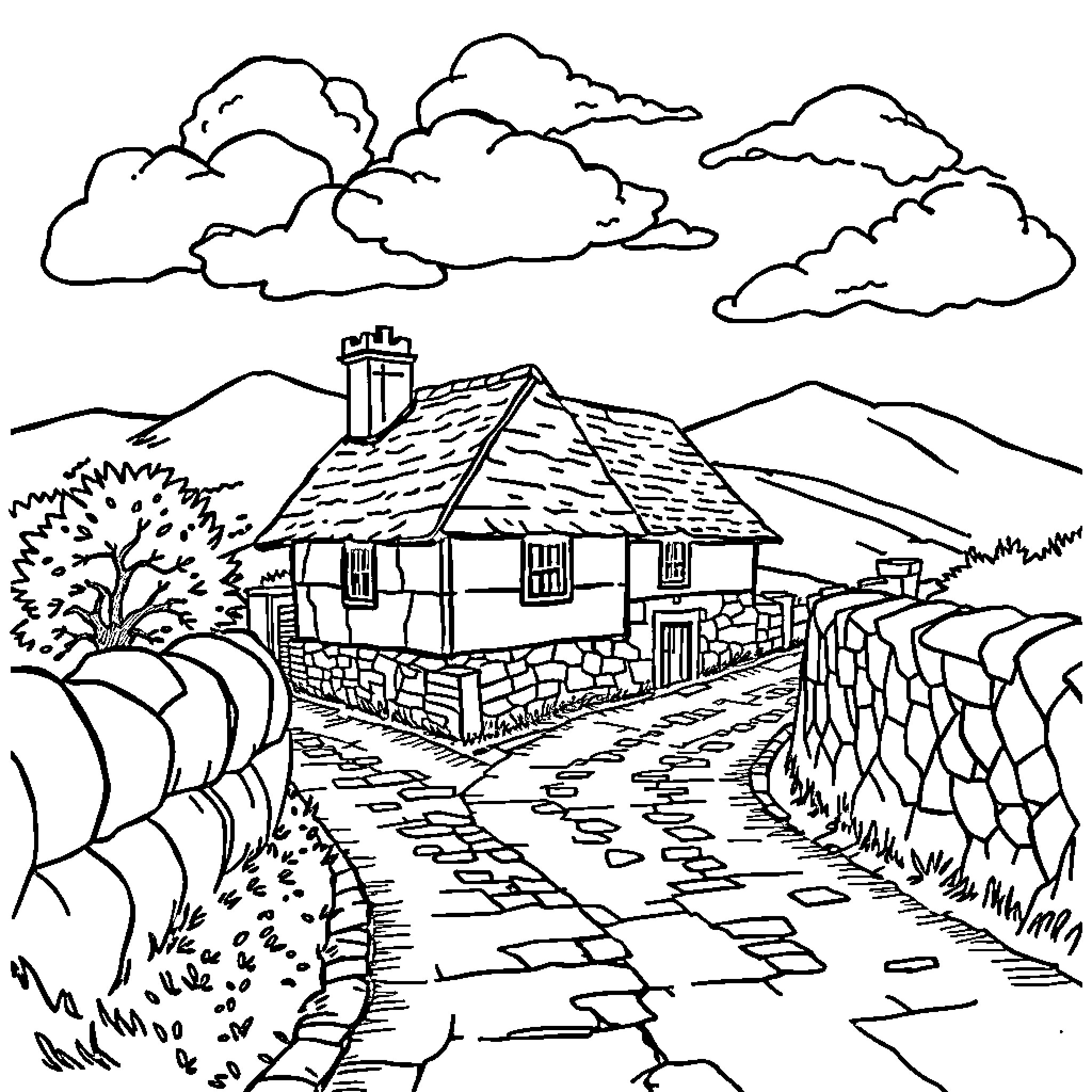 Logo for Rustic Country Cottage Illustration Coloring Page (free black-and-white line drawing printable PDF for all, from beginners to advanced learners, including children, teens, adults, and seniors)