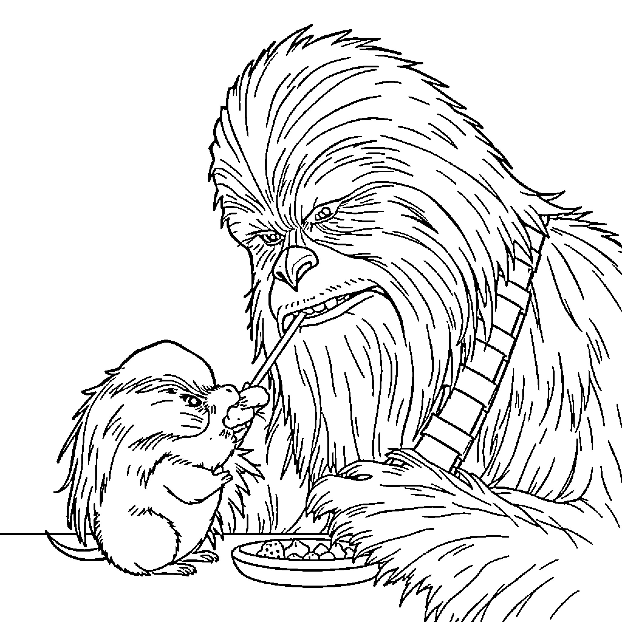 Chewbacca feeding his furry companion Coloring Page (free black-and-white line drawing printable PDF for all, from beginners to advanced learners, including children, teens, adults, and seniors)