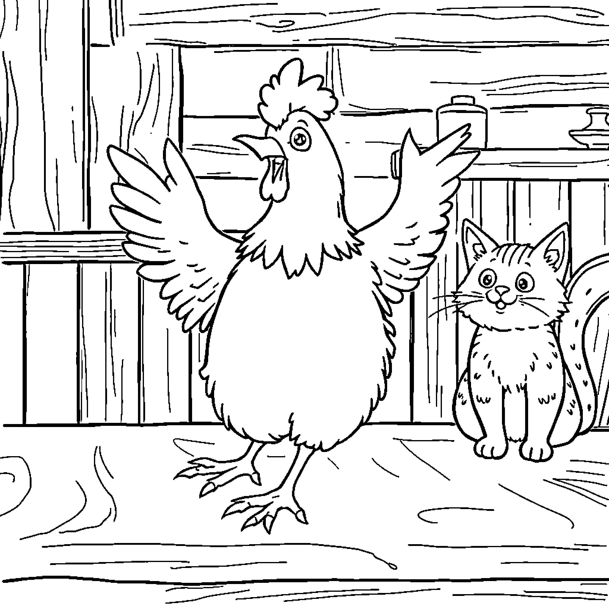 Chicken and Kitten in a Rustic Scene Coloring Page (free black-and-white line drawing printable PDF for all, from beginners to advanced learners, including children, teens, adults, and seniors)