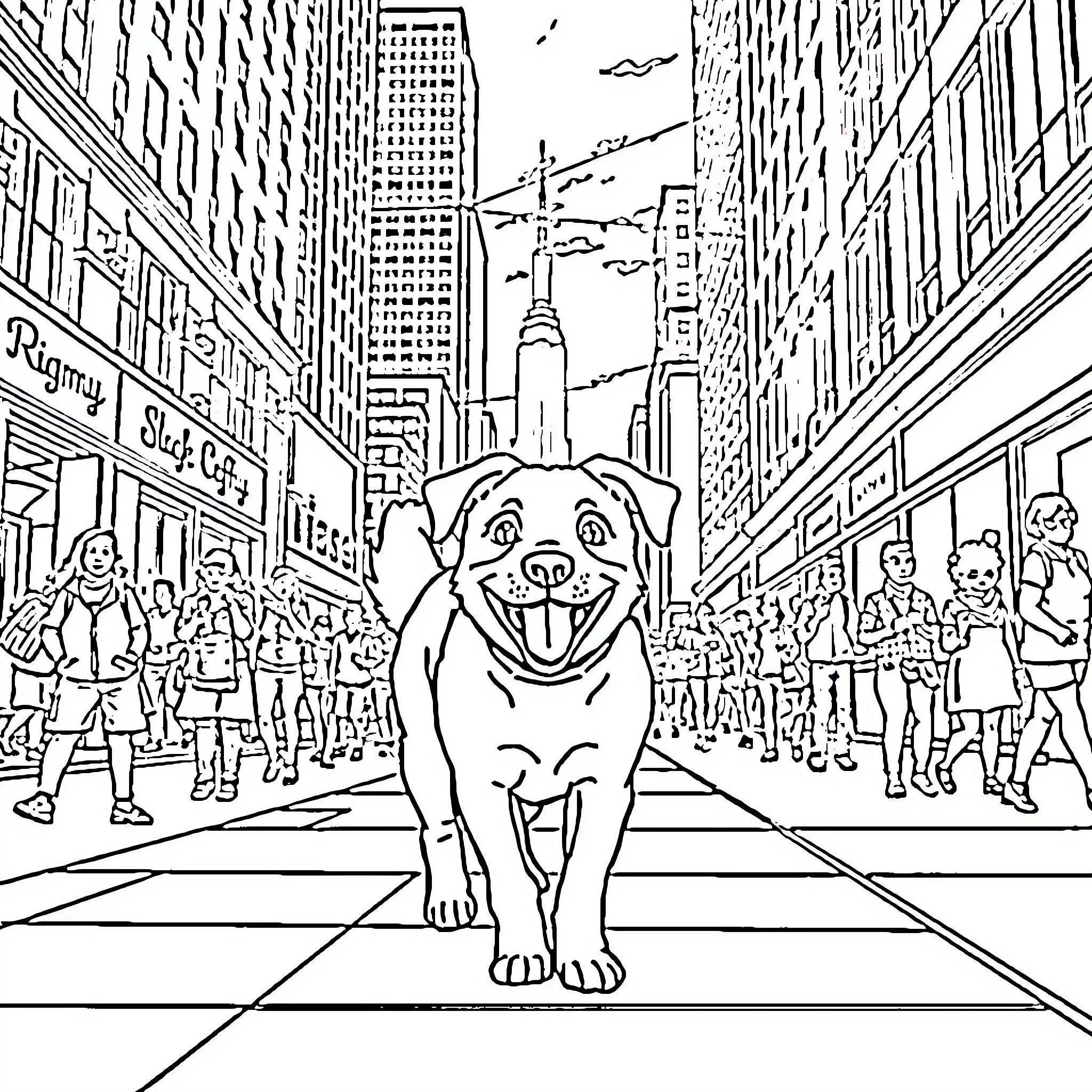 Dog exploring busy city streets Coloring Page (free black-and-white line drawing printable PDF for all, from beginners to advanced learners, including children, teens, adults, and seniors)
