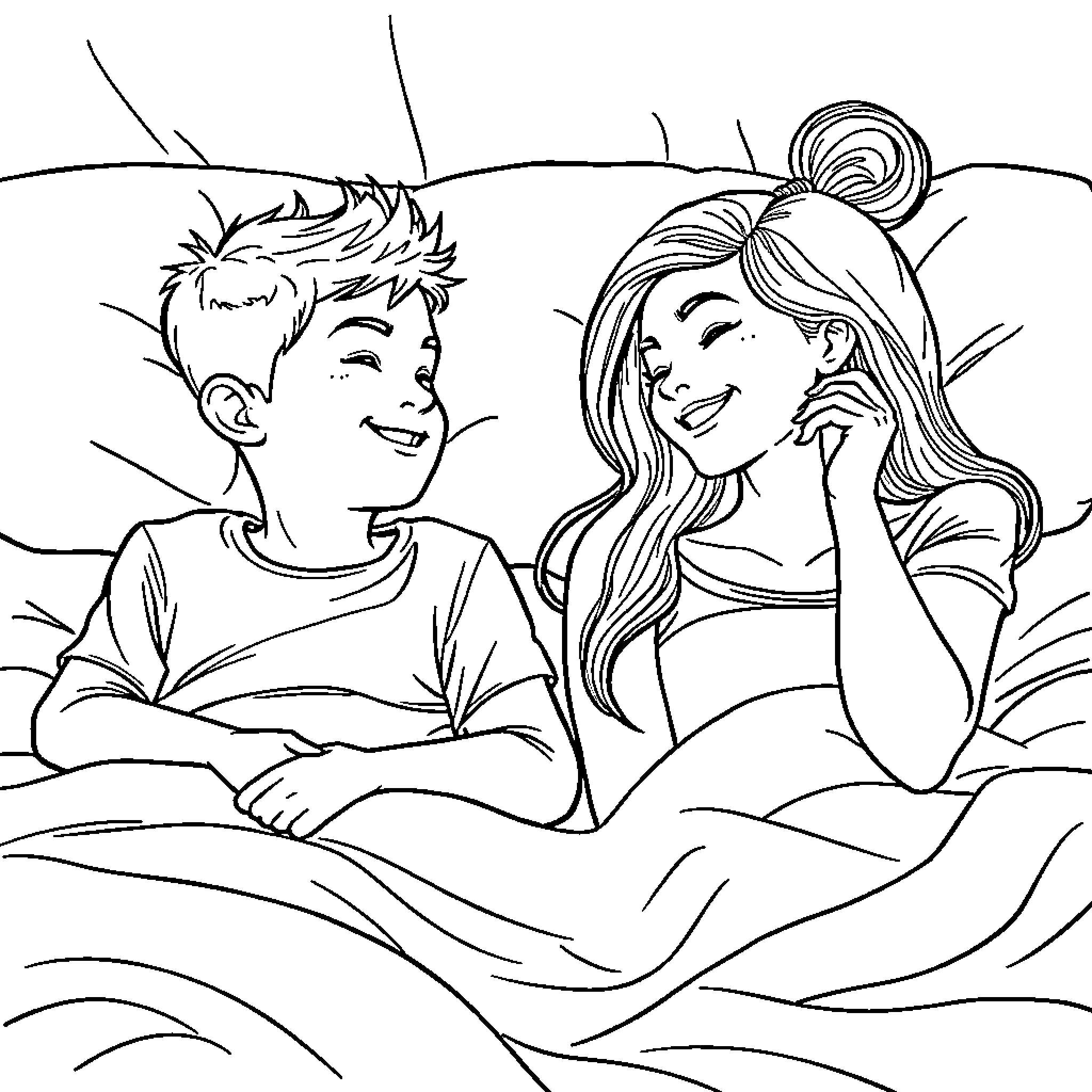 Boy and Girl in Relaxed Moment Coloring Page (free black-and-white line drawing printable PDF for all, from beginners to advanced learners, including children, teens, adults, and seniors)