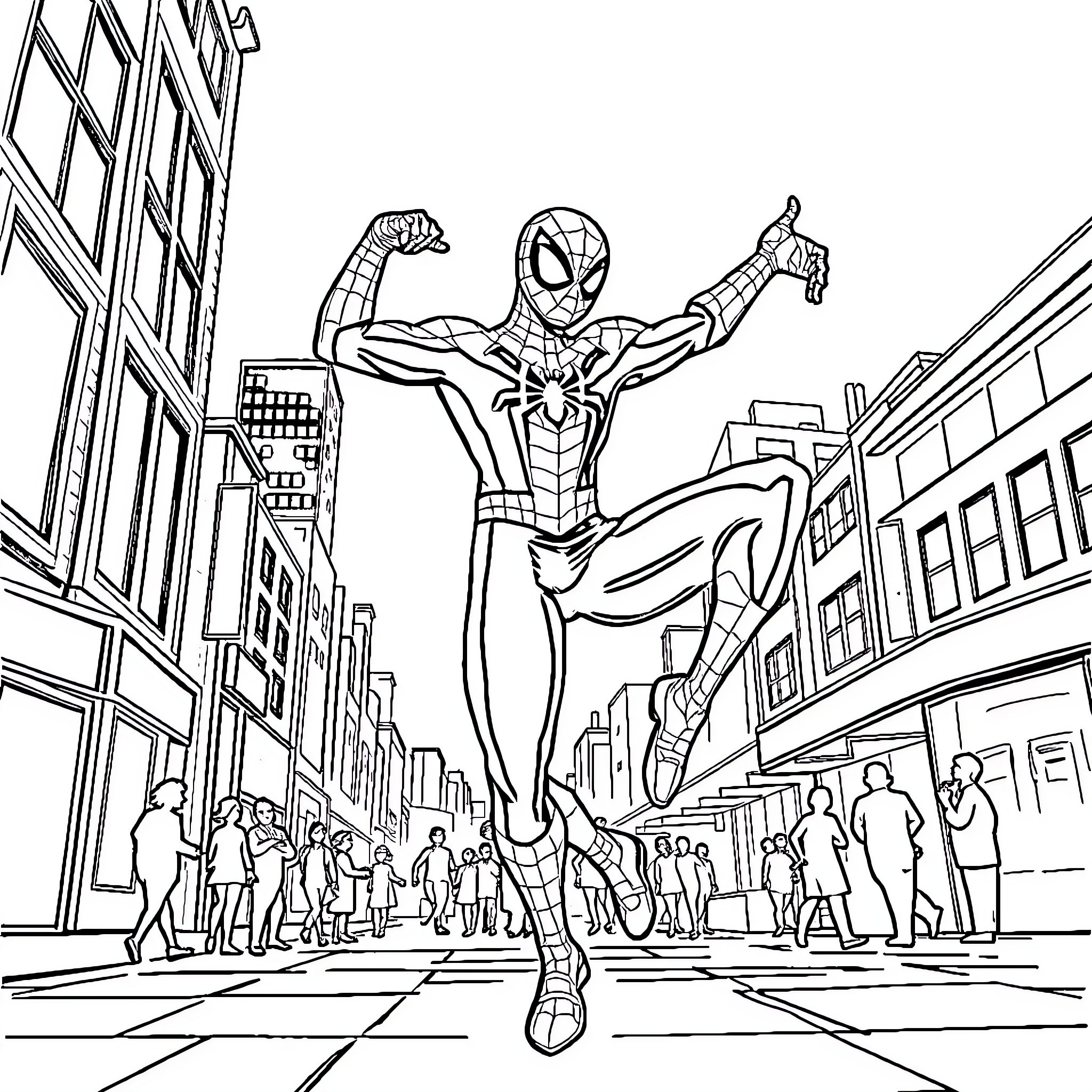 Spiderman swinging above crowded city street Coloring Page (free black-and-white line drawing printable PDF for all, from beginners to advanced learners, including children, teens, adults, and seniors)