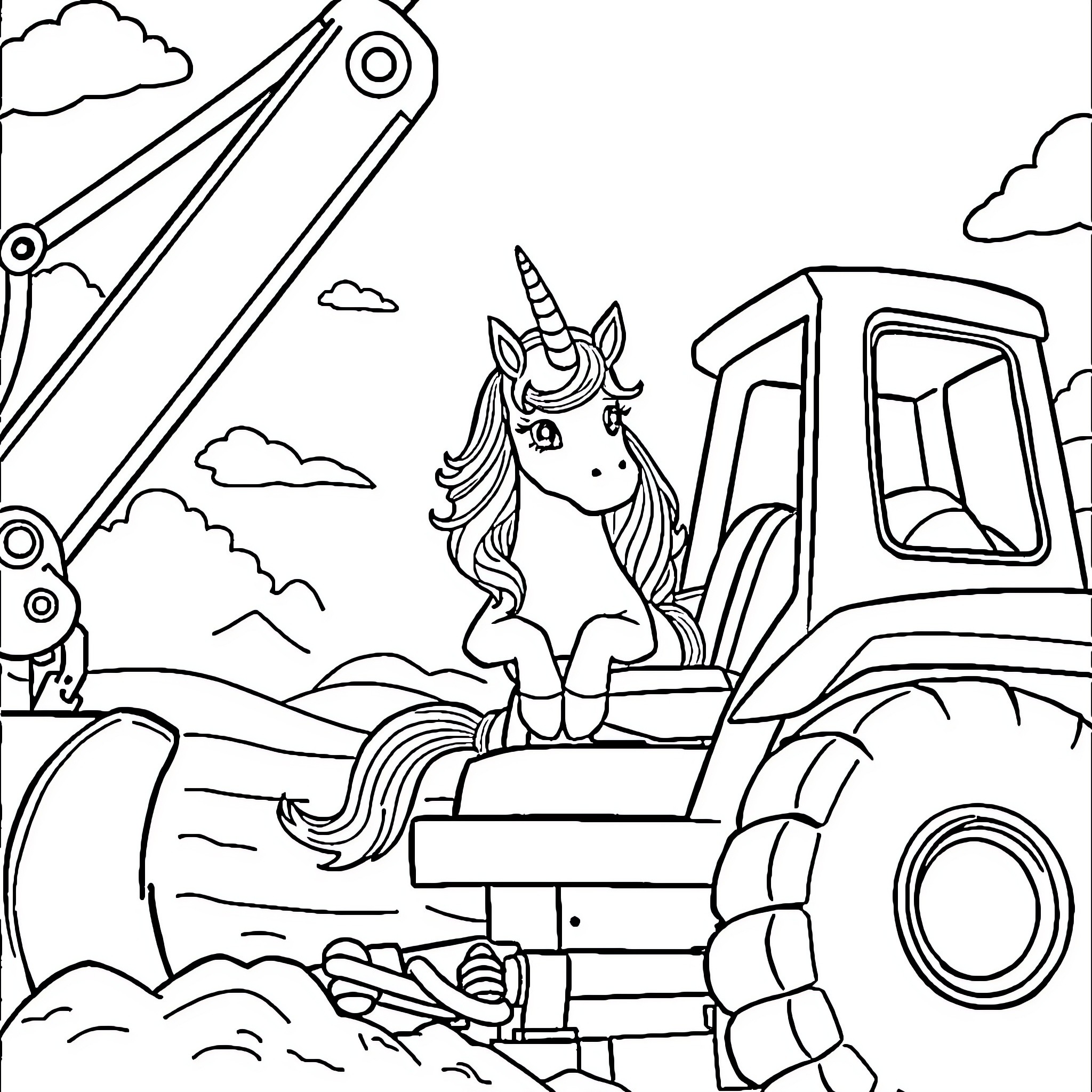 Unicorn operating a construction vehicle in the countryside Coloring Page (free black-and-white line drawing printable PDF for all, from beginners to advanced learners, including children, teens, adults, and seniors)