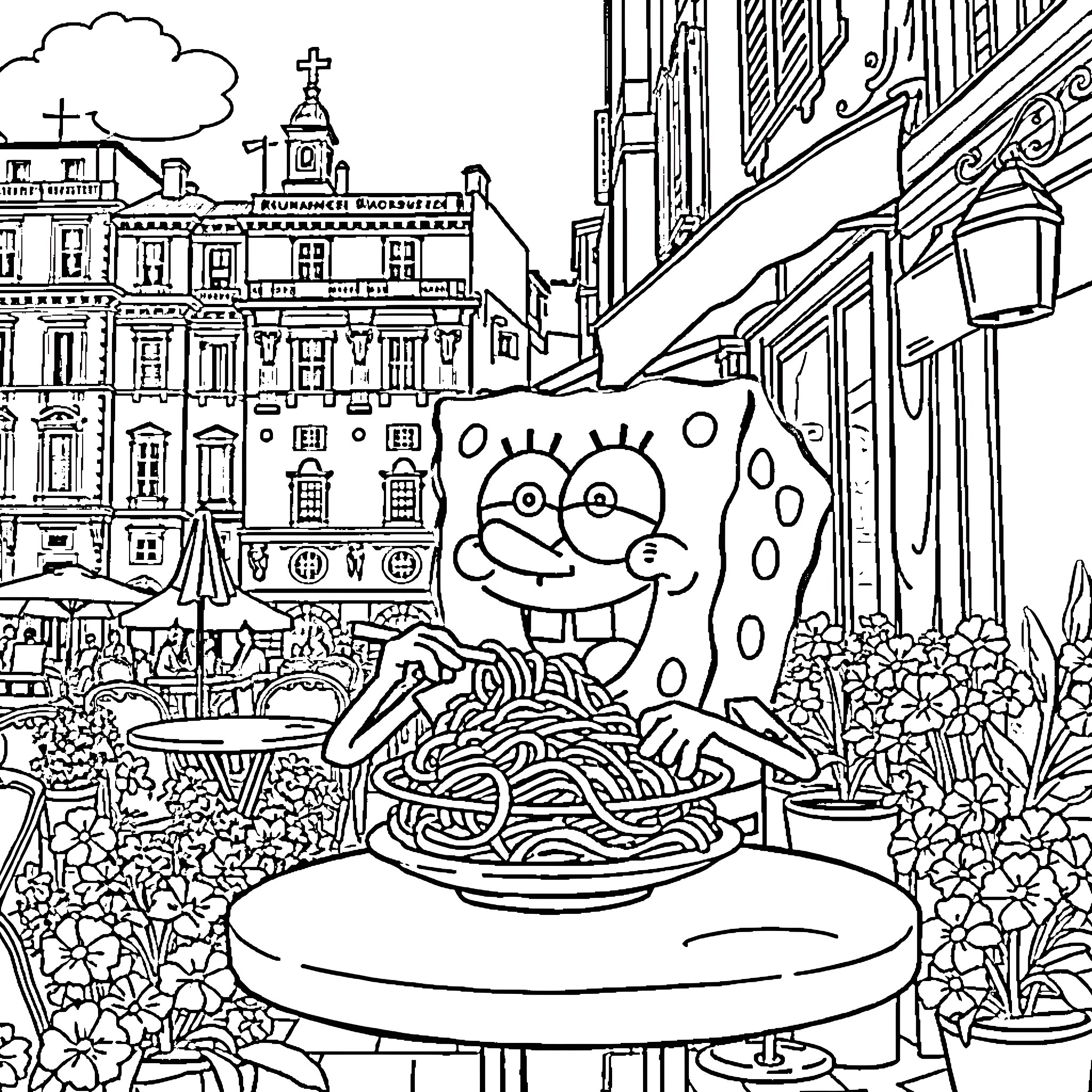 Spongebob enjoying a pasta dish in a European town Coloring Page (free black-and-white line drawing printable PDF for all, from beginners to advanced learners, including children, teens, adults, and seniors)