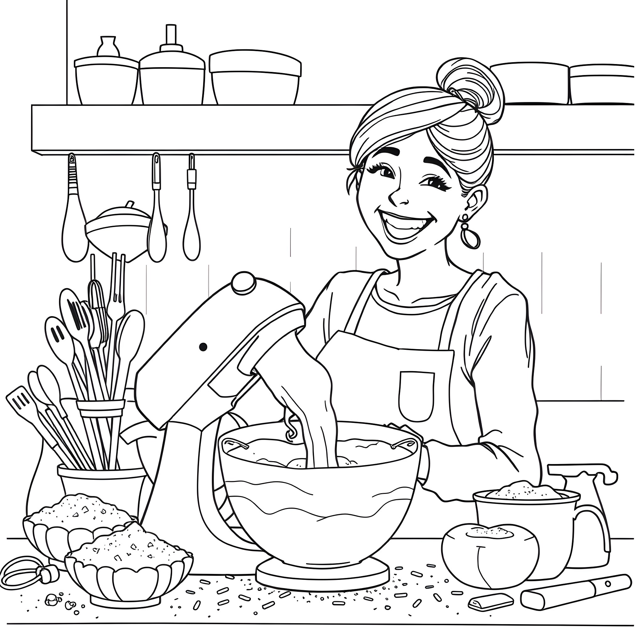 Mom happily baking in the kitchen Coloring Page (free black-and-white line drawing printable PDF for all, from beginners to advanced learners, including children, teens, adults, and seniors)