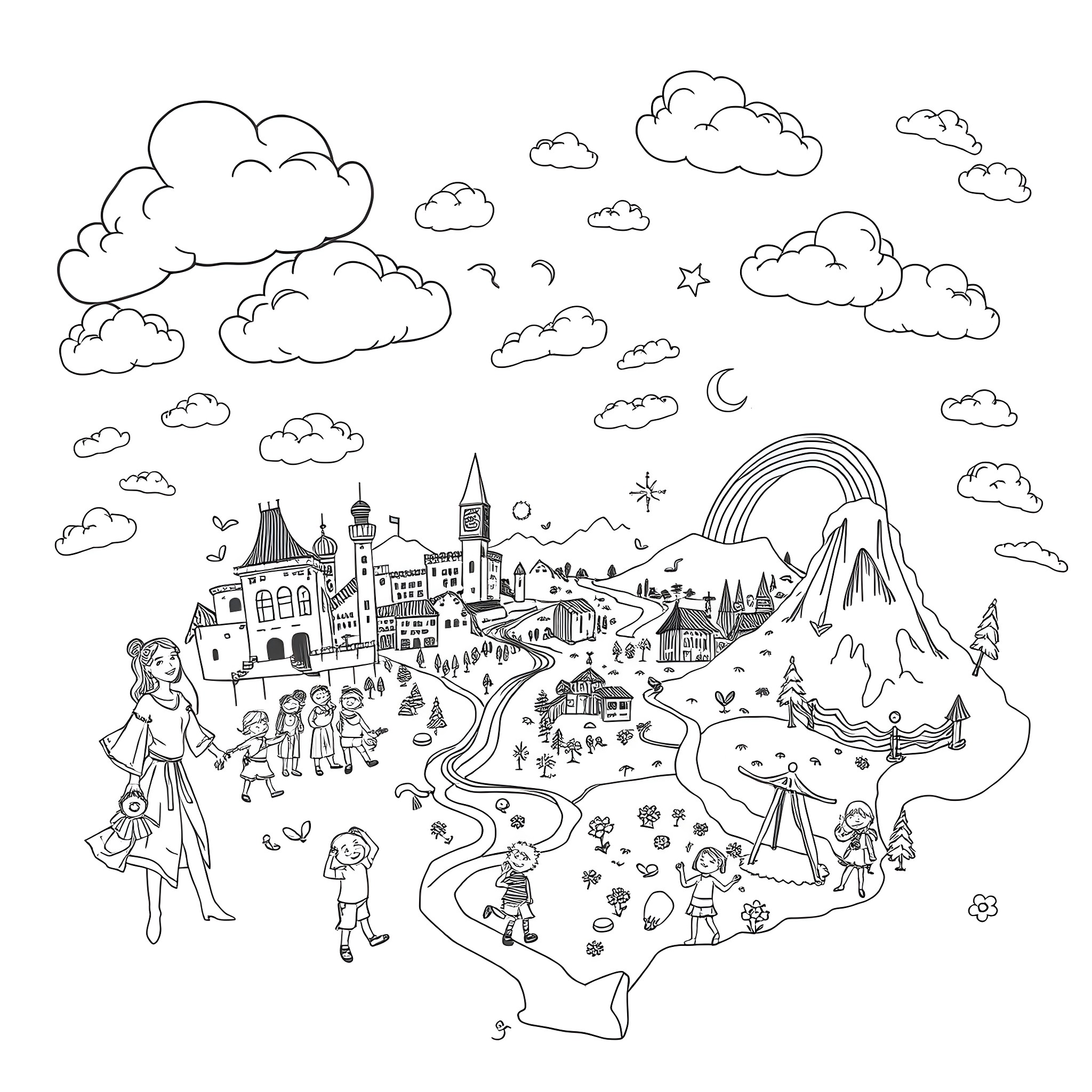 Rainbow Filled Fantasy Landscape with Whimsical Activities Coloring Page (free black-and-white line drawing printable PDF for all, from beginners to advanced learners, including children, teens, adults, and seniors)