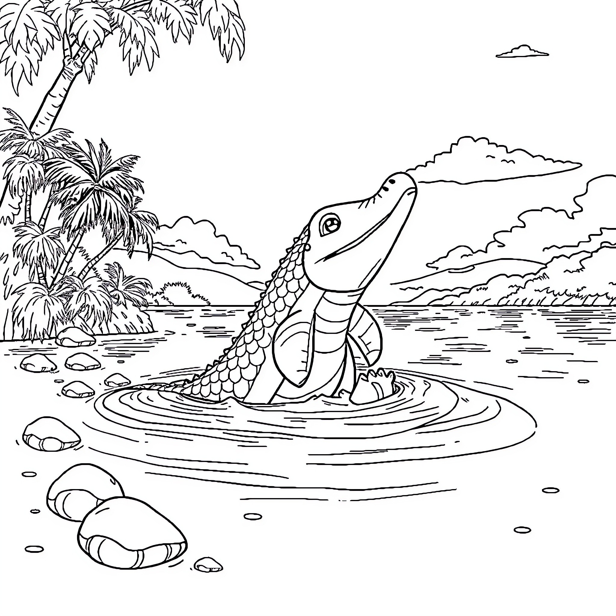 Cocodrilo swimming peacefully in tropical waters Coloring Page (free black-and-white line drawing printable PDF for all, from beginners to advanced learners, including children, teens, adults, and seniors)