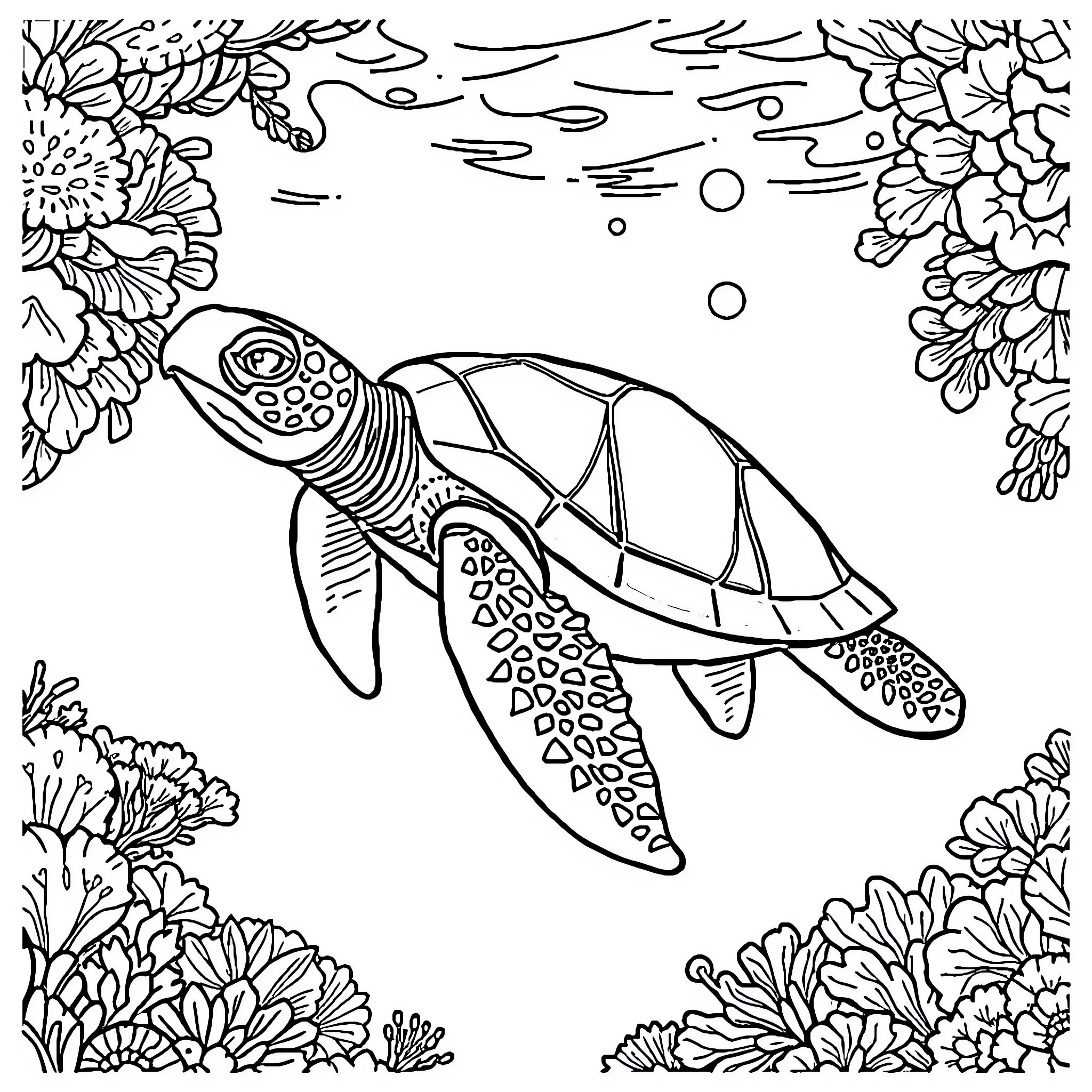 Turtle swimming gracefully among vibrant flora Coloring Page (free black-and-white line drawing printable PDF for all, from beginners to advanced learners, including children, teens, adults, and seniors)