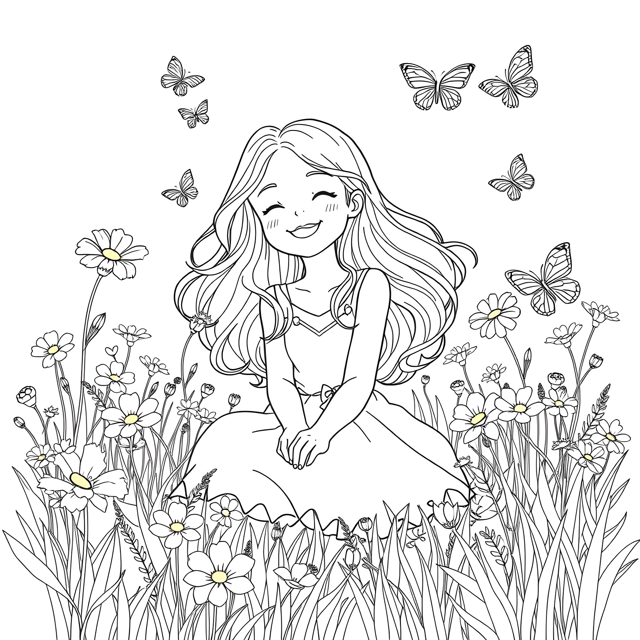 Girl enjoying nature among flowers and butterflies Coloring Page (free black-and-white line drawing printable PDF for all, from beginners to advanced learners, including children, teens, adults, and seniors)