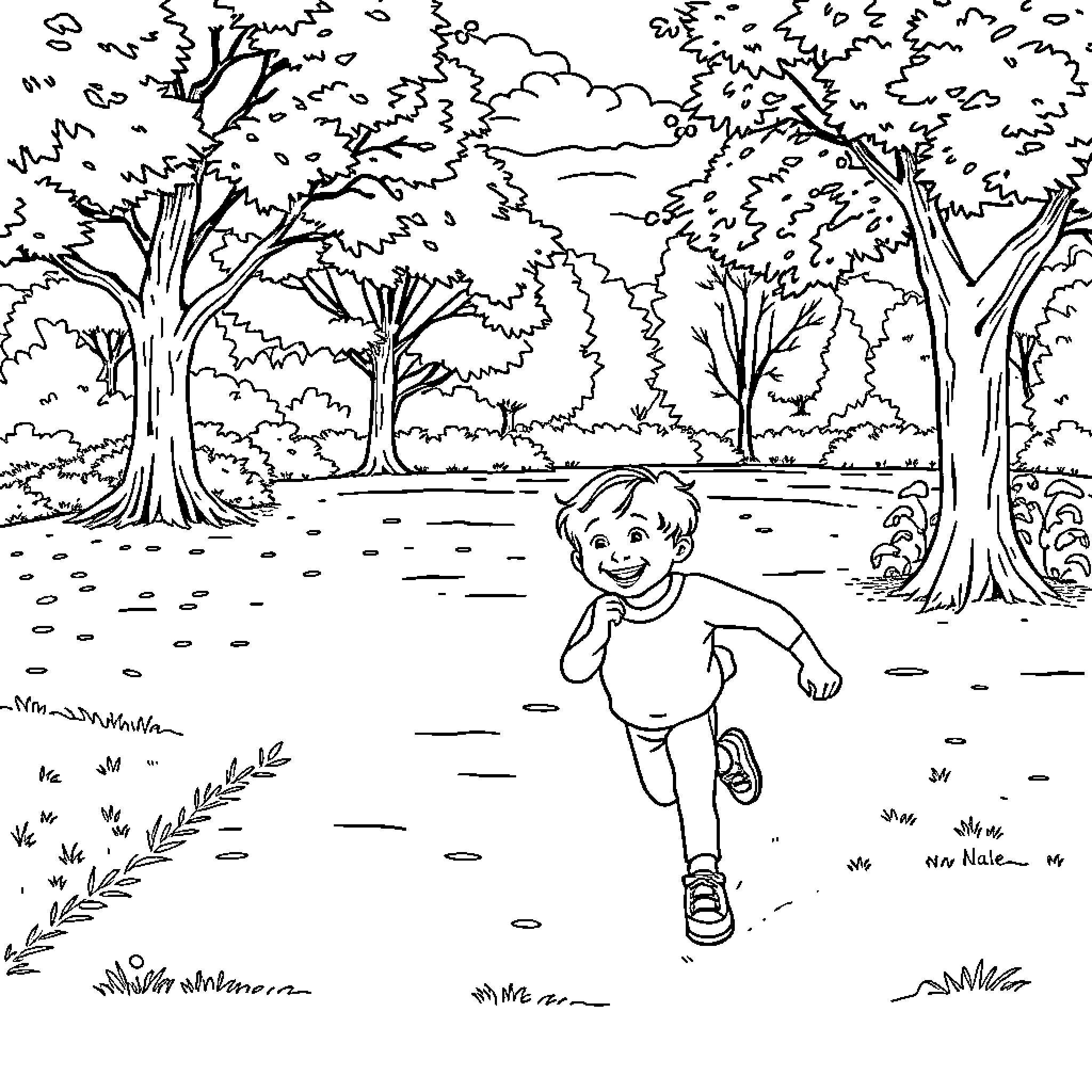 Prince running happily in the forest Coloring Page (free black-and-white line drawing printable PDF for all, from beginners to advanced learners, including children, teens, adults, and seniors)