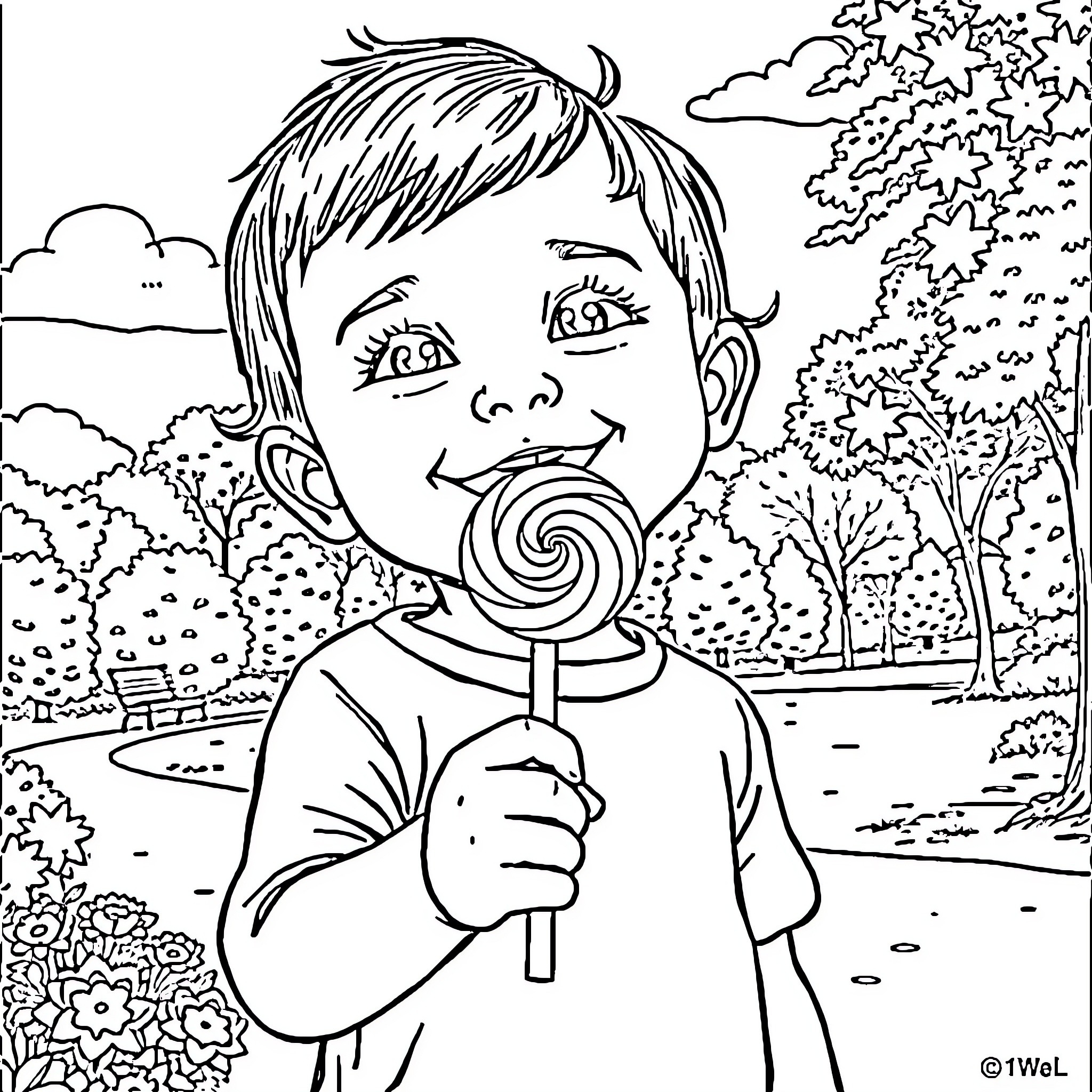 Child enjoying a lollipop in a park Coloring Page (free black-and-white line drawing printable PDF for all, from beginners to advanced learners, including children, teens, adults, and seniors)