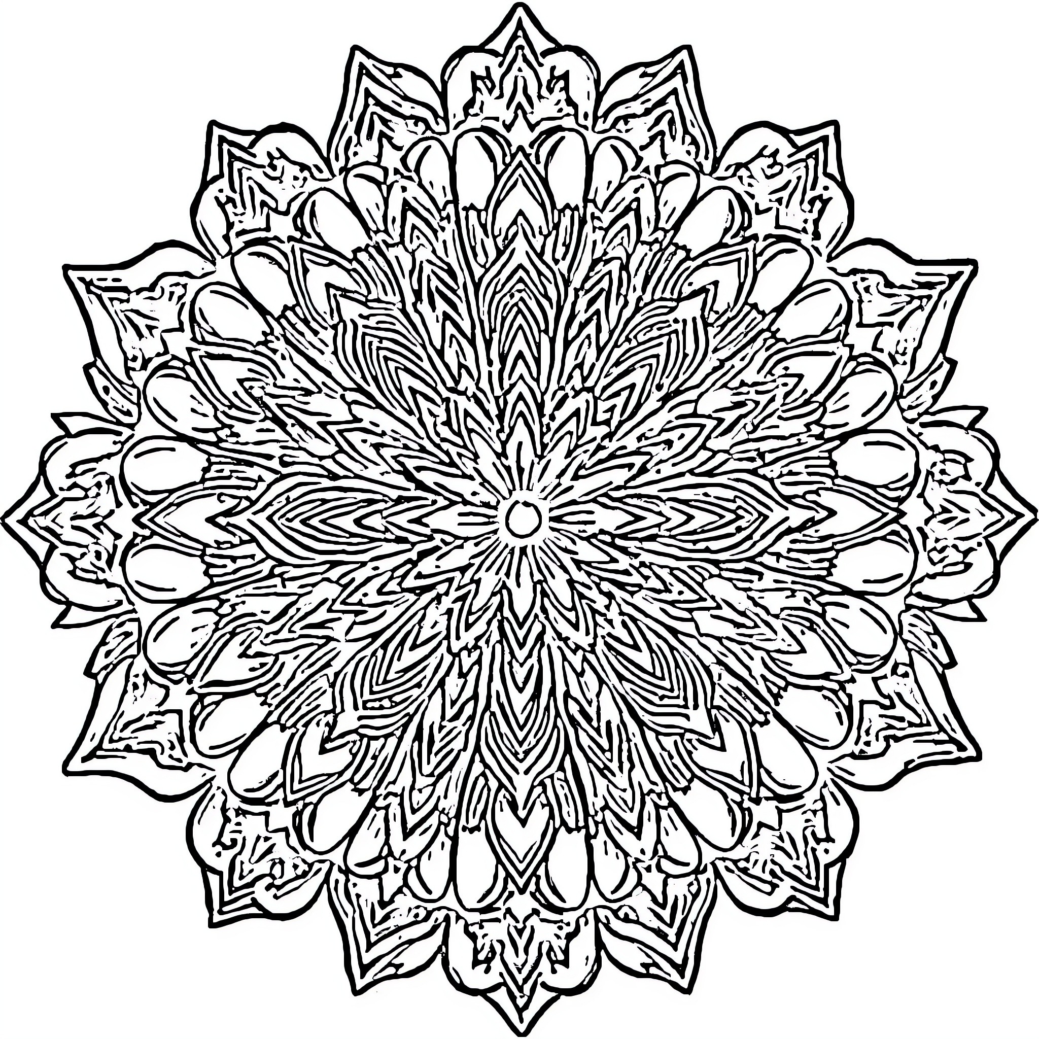 Mandala of intricate floral pattern Coloring Page (free black-and-white line drawing printable PDF for all, from beginners to advanced learners, including children, teens, adults, and seniors)