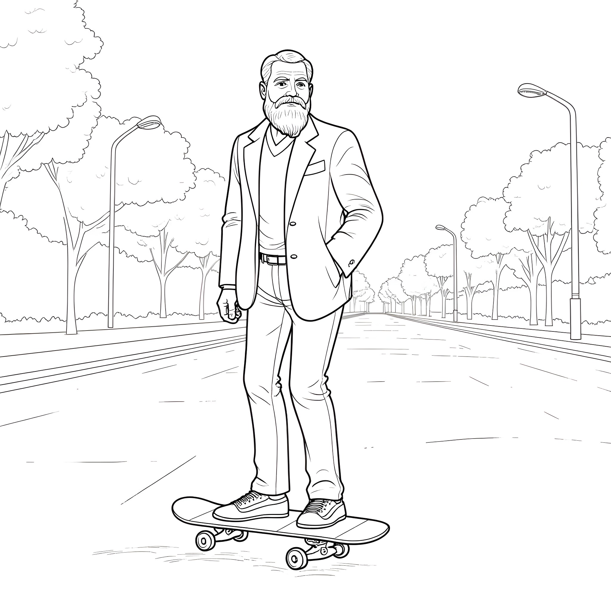 Leo Tolstoy riding a skateboard in a park Coloring Page (free black-and-white line drawing printable PDF for all, from beginners to advanced learners, including children, teens, adults, and seniors)