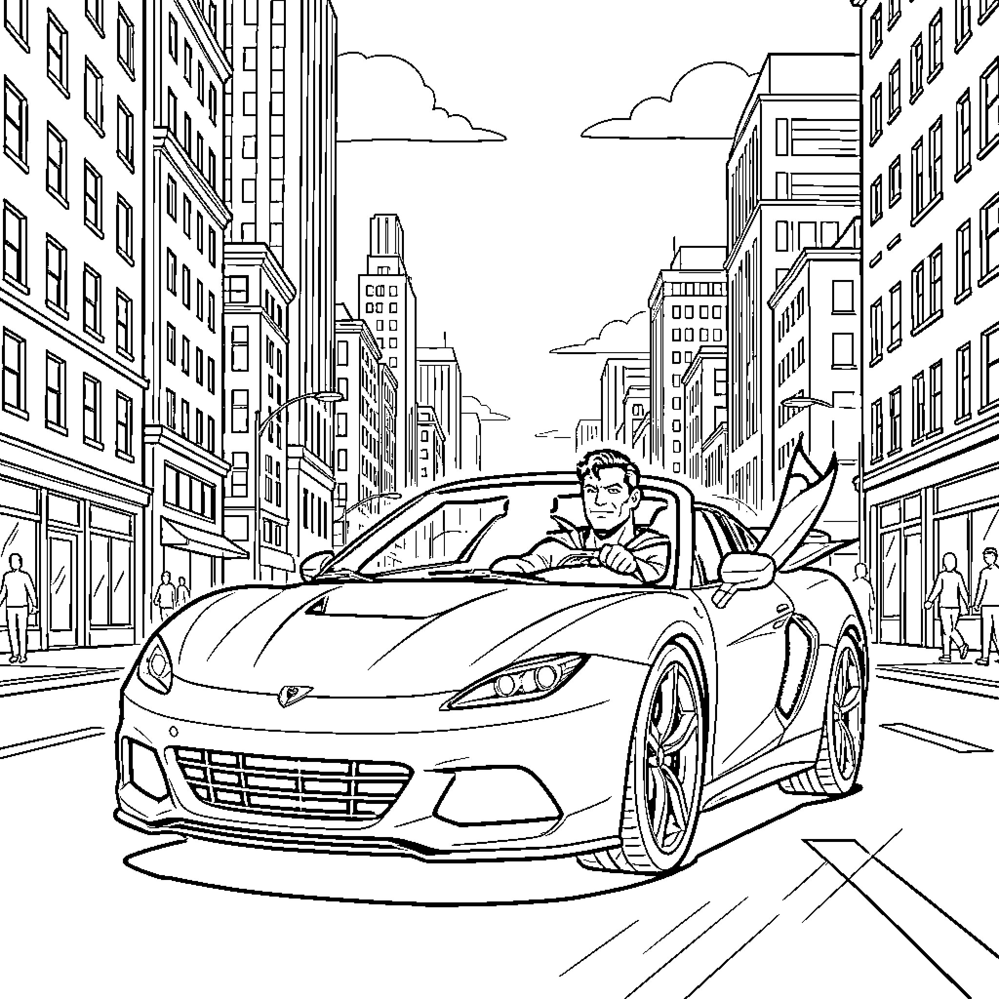 Superman driving a sports car through city streets Coloring Page (free black-and-white line drawing printable PDF for all, from beginners to advanced learners, including children, teens, adults, and seniors)