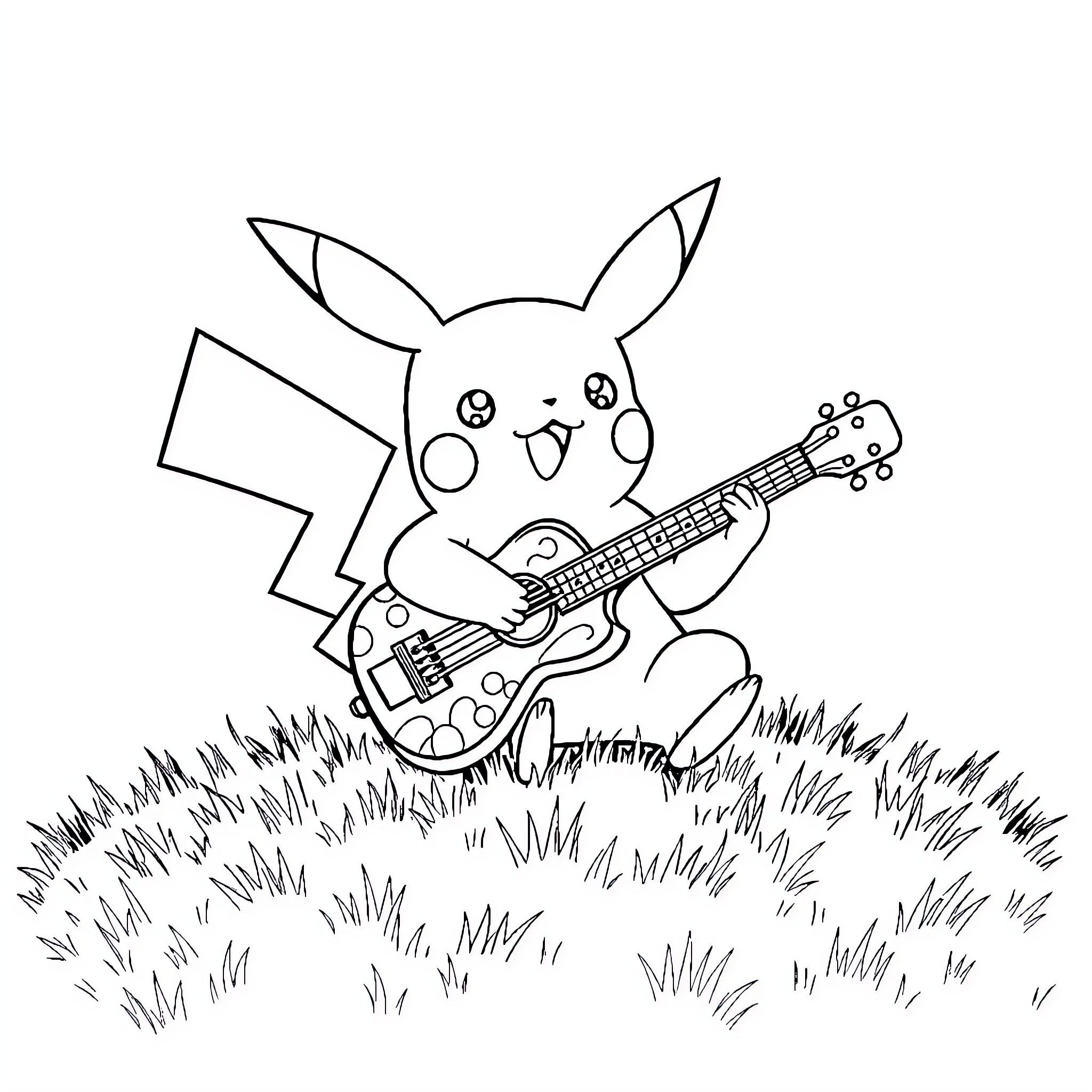 Pikachu playing guitar in the grass Coloring Page (free black-and-white line drawing printable PDF for all, from beginners to advanced learners, including children, teens, adults, and seniors)
