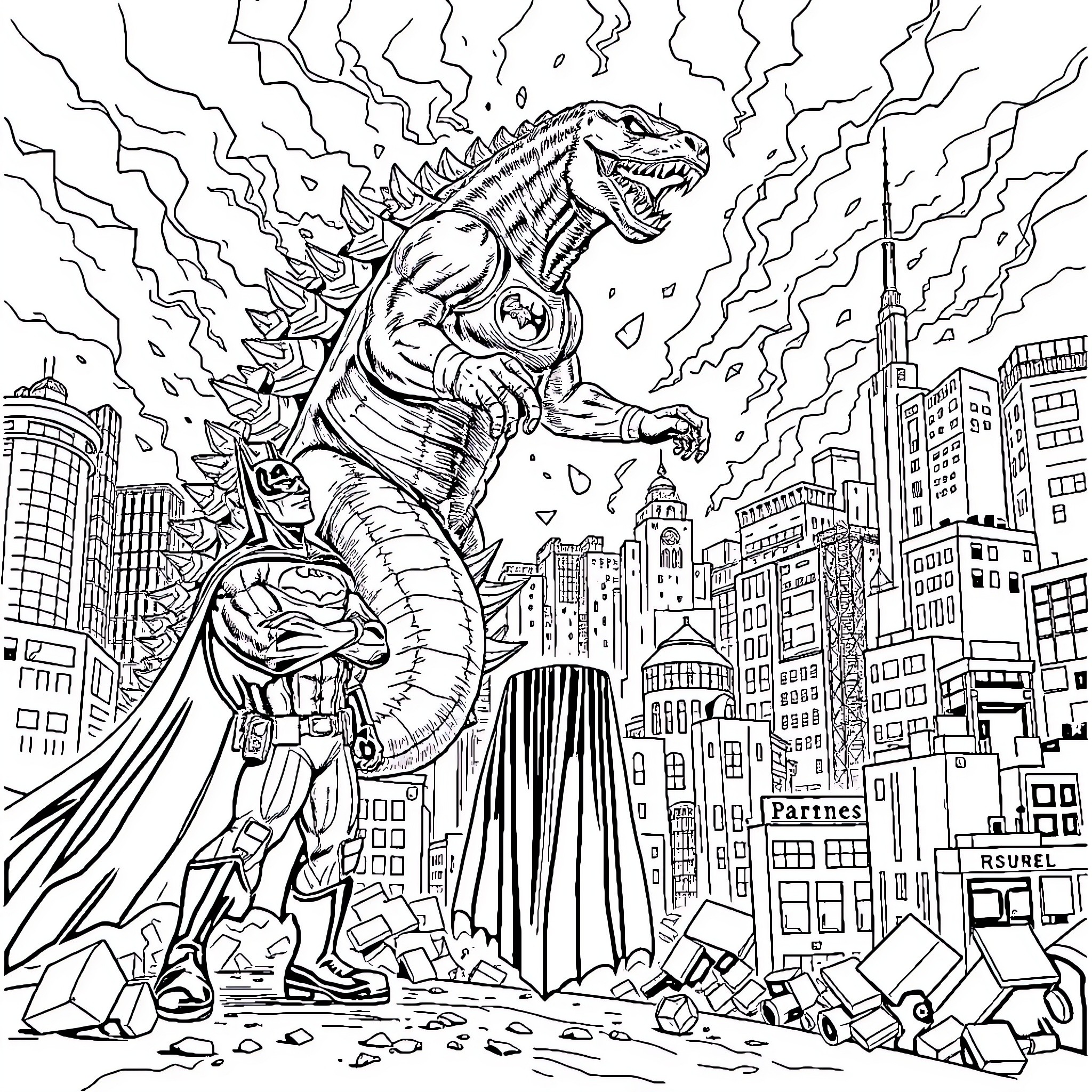 Batman stomping through a ruined city Coloring Page (free black-and-white line drawing printable PDF for all, from beginners to advanced learners, including children, teens, adults, and seniors)
