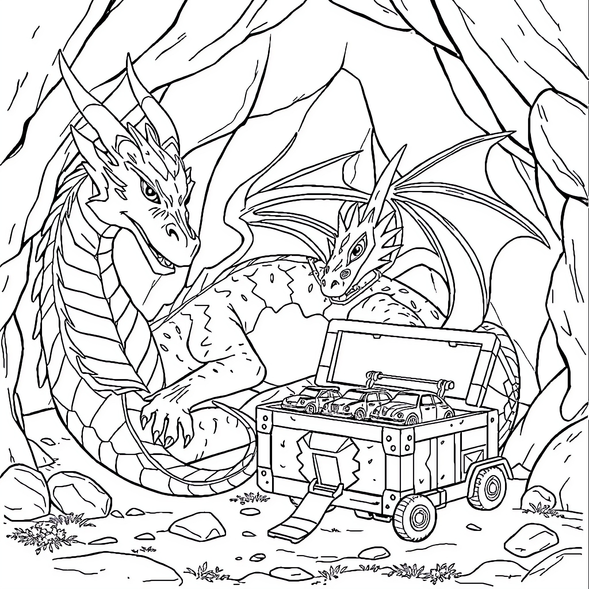 Dragon Guarding Treasure Chest in Mystical Forest Coloring Page (free black-and-white line drawing printable PDF for all, from beginners to advanced learners, including children, teens, adults, and seniors)