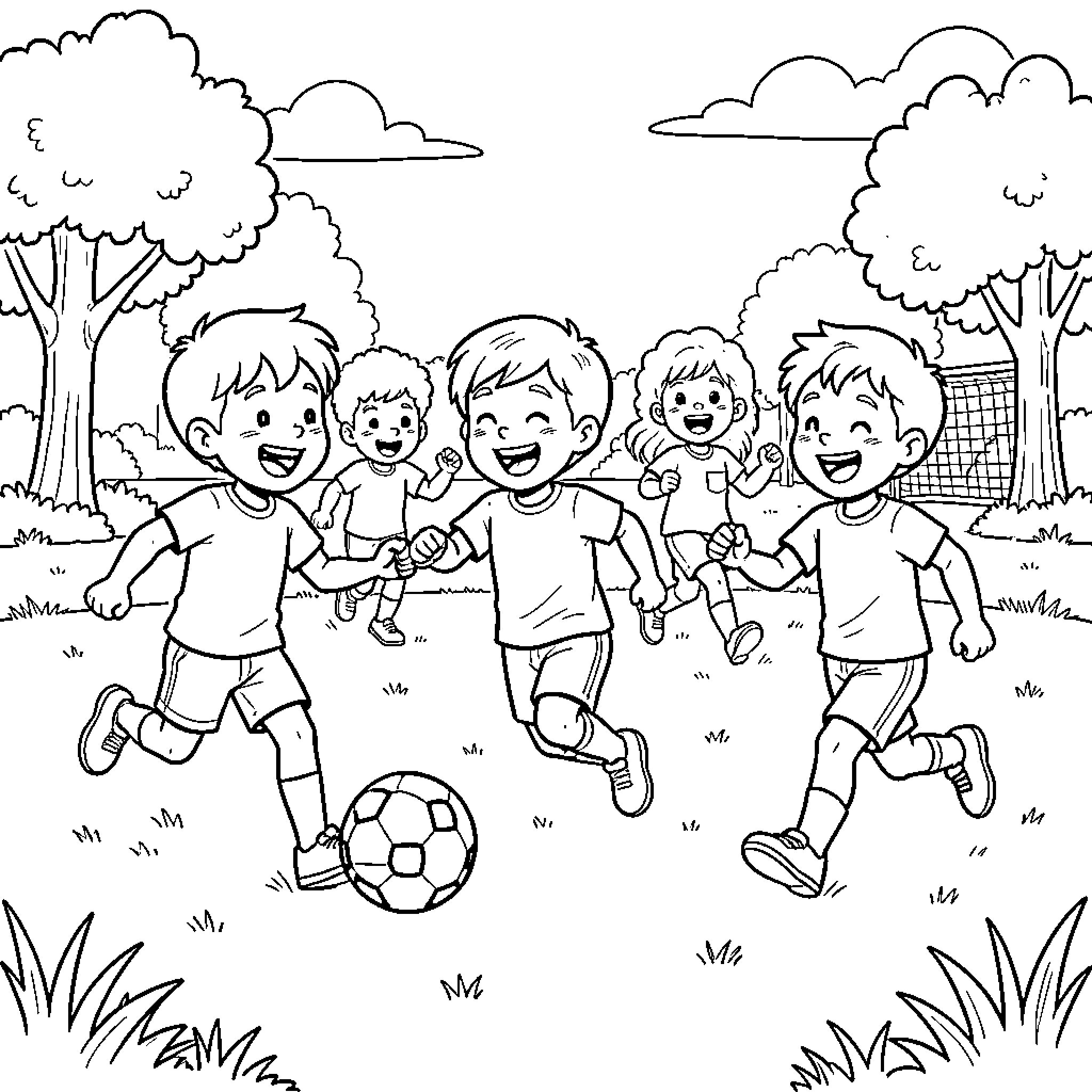 Child playing soccer outdoors with friends Coloring Page (free black-and-white line drawing printable PDF for all, from beginners to advanced learners, including children, teens, adults, and seniors)