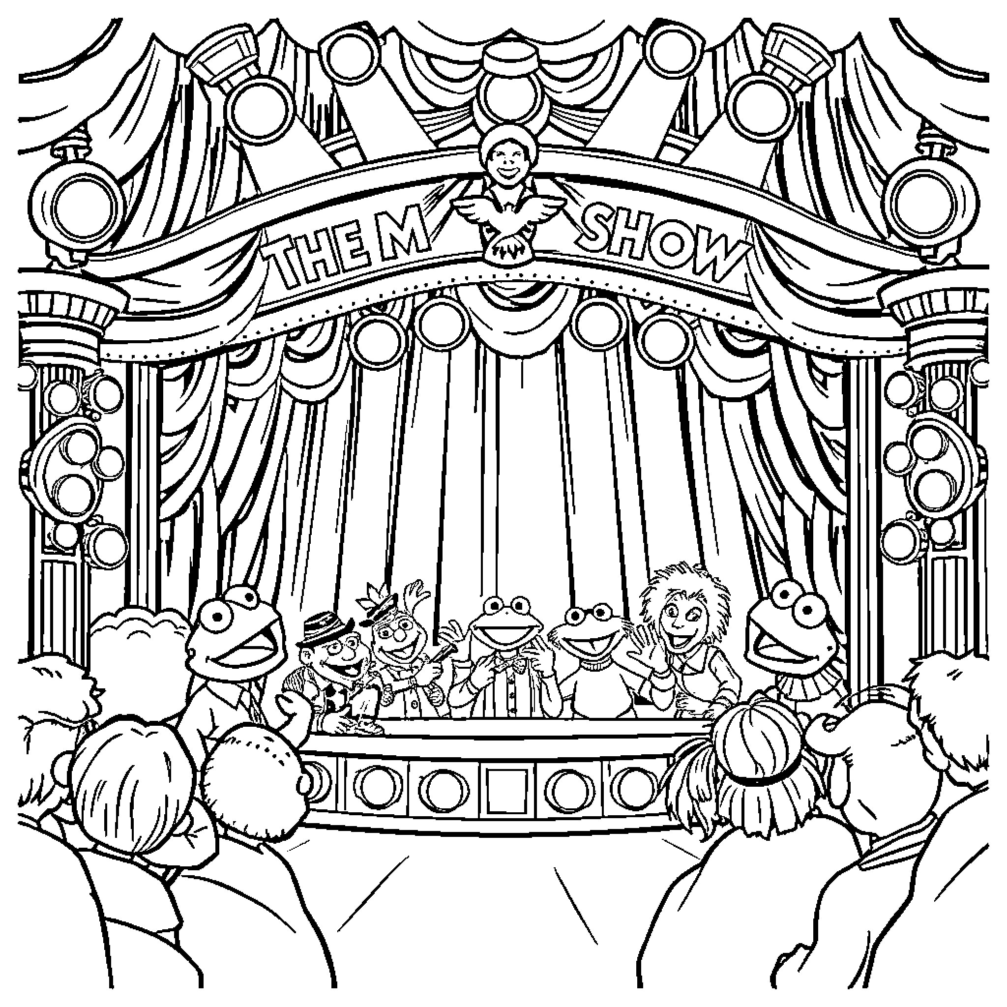 Muppets performing on the stage Coloring Page (free black-and-white line drawing printable PDF for all, from beginners to advanced learners, including children, teens, adults, and seniors)