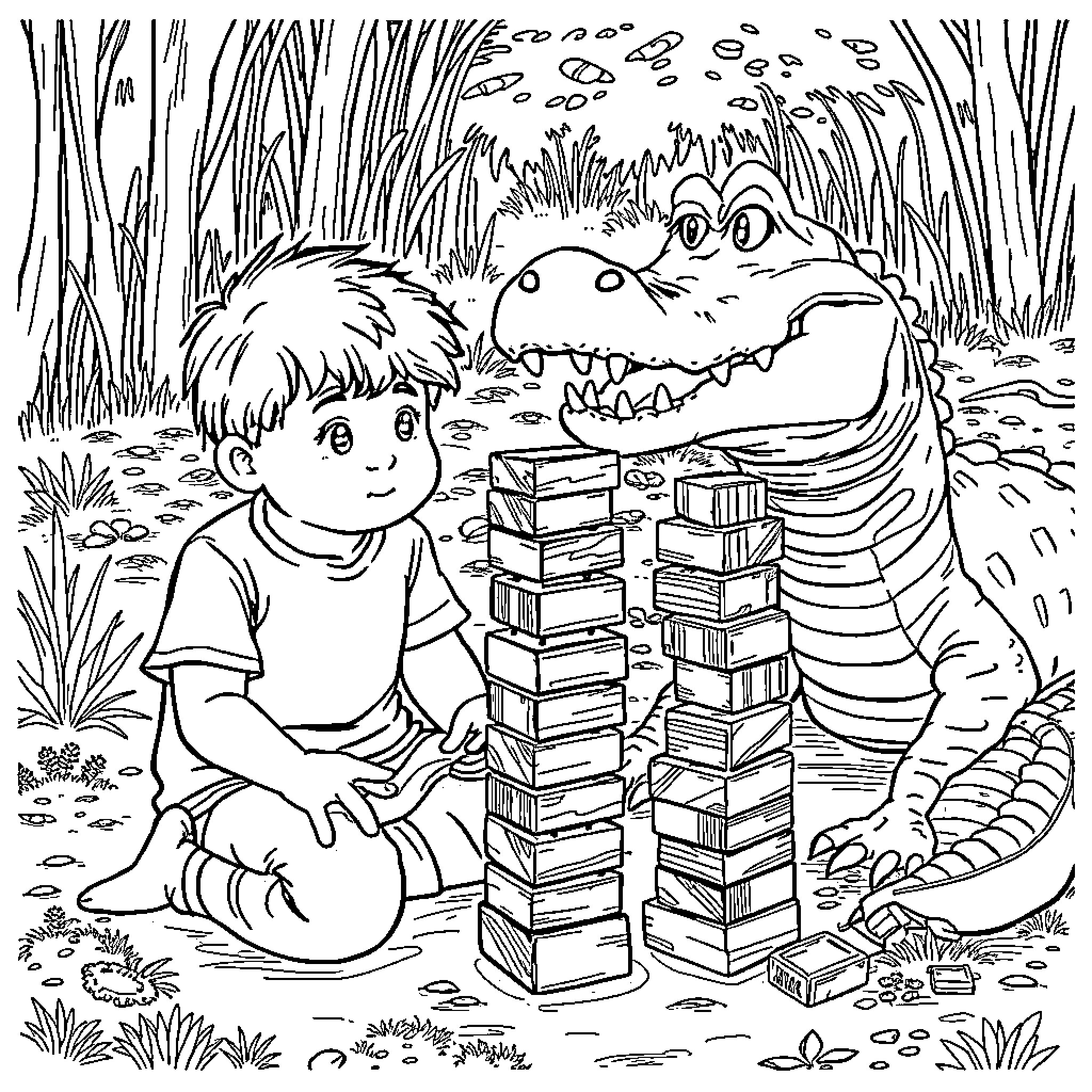 Lewis Capaldi playing with a curious alligator in the wilderness Coloring Page (free black-and-white line drawing printable PDF for all, from beginners to advanced learners, including children, teens, adults, and seniors)