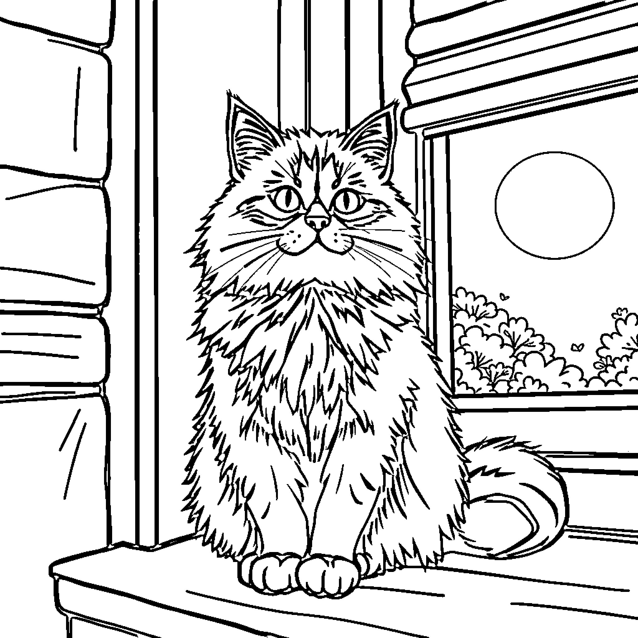 Cat gazing through window frame Coloring Page (free black-and-white line drawing printable PDF for all, from beginners to advanced learners, including children, teens, adults, and seniors)