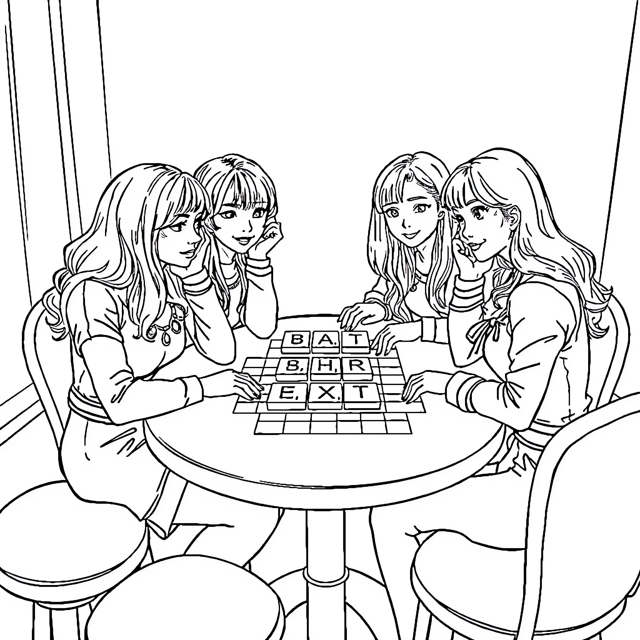 Blackpink Members Playing Board Game Together Coloring Page (free black-and-white line drawing printable PDF for all, from beginners to advanced learners, including children, teens, adults, and seniors)