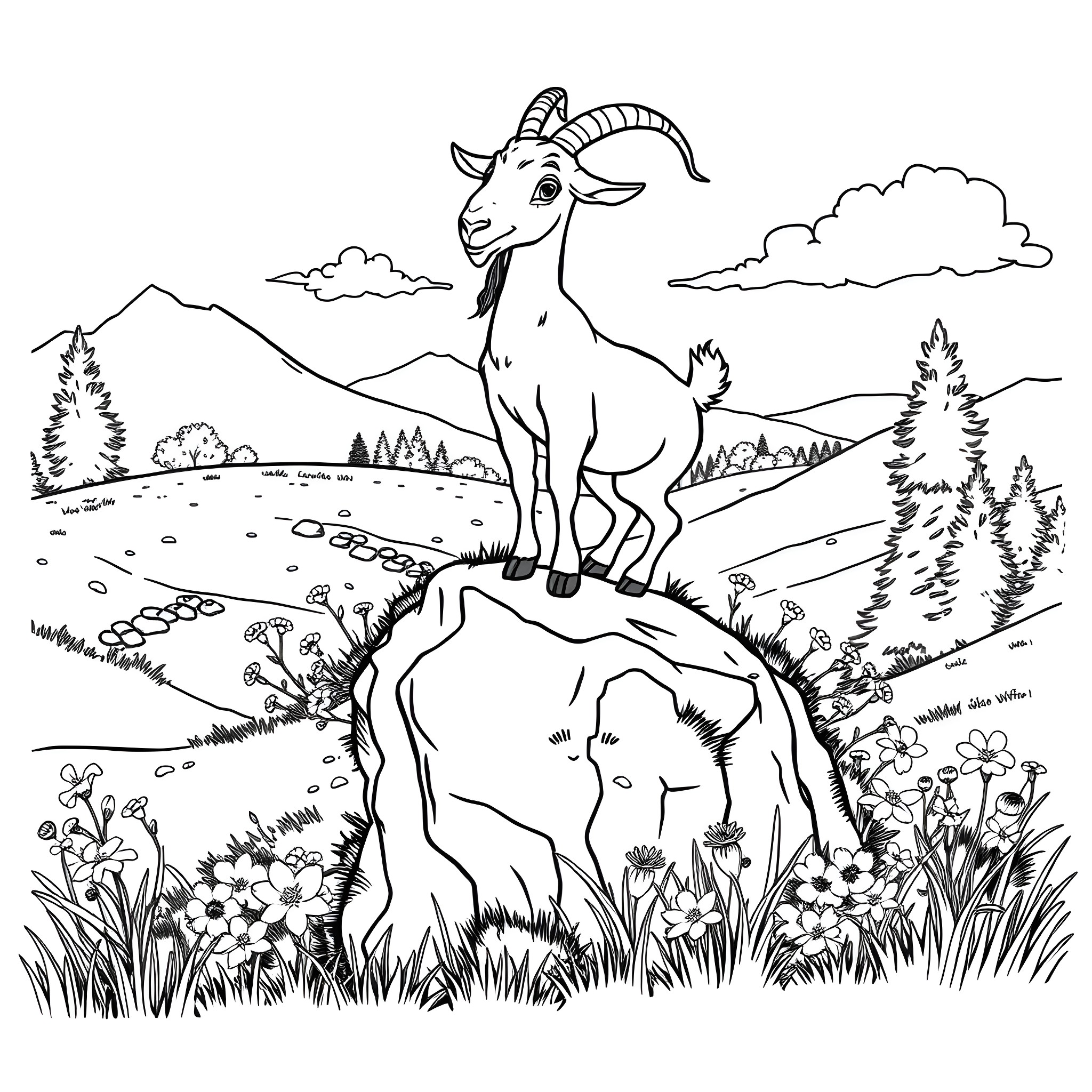 Cotar: Goat on a rock in a mountain landscape Coloring Page (free black-and-white line drawing printable PDF for all, from beginners to advanced learners, including children, teens, adults, and seniors)