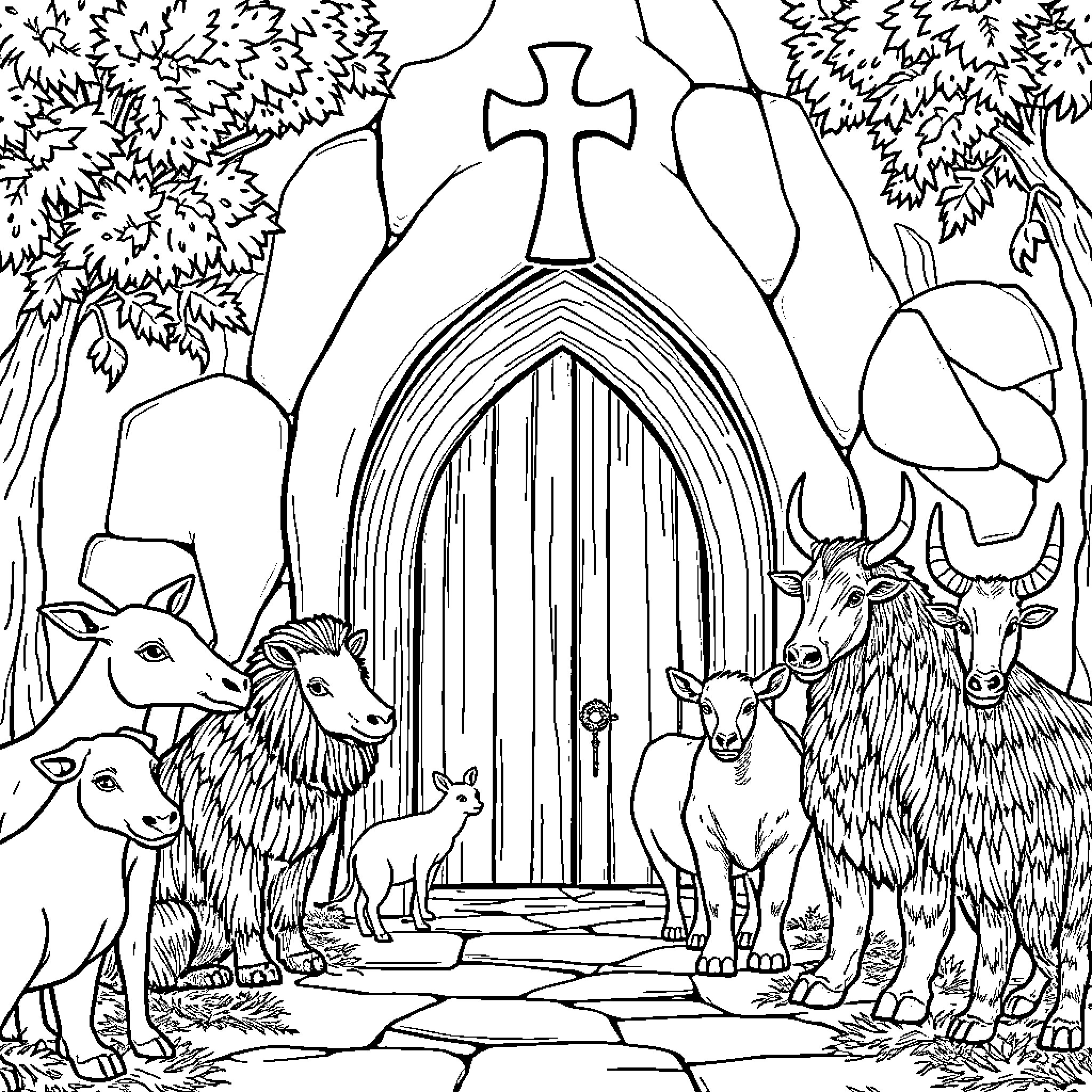 Animal herd outside a church Coloring Page (free black-and-white line drawing printable PDF for all, from beginners to advanced learners, including children, teens, adults, and seniors)