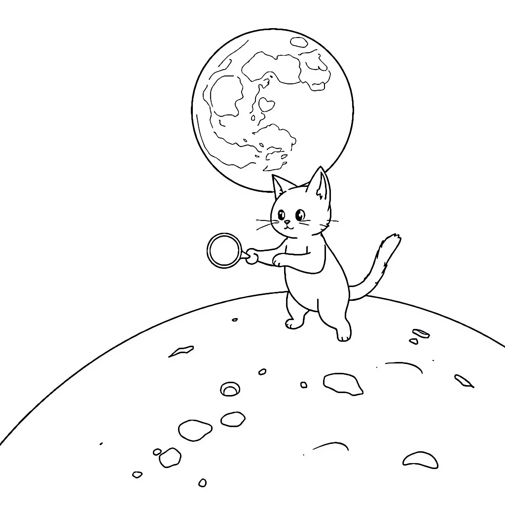 Cat exploring the moon with magnifying glass Coloring Page (free black-and-white line drawing printable PDF for all, from beginners to advanced learners, including children, teens, adults, and seniors)