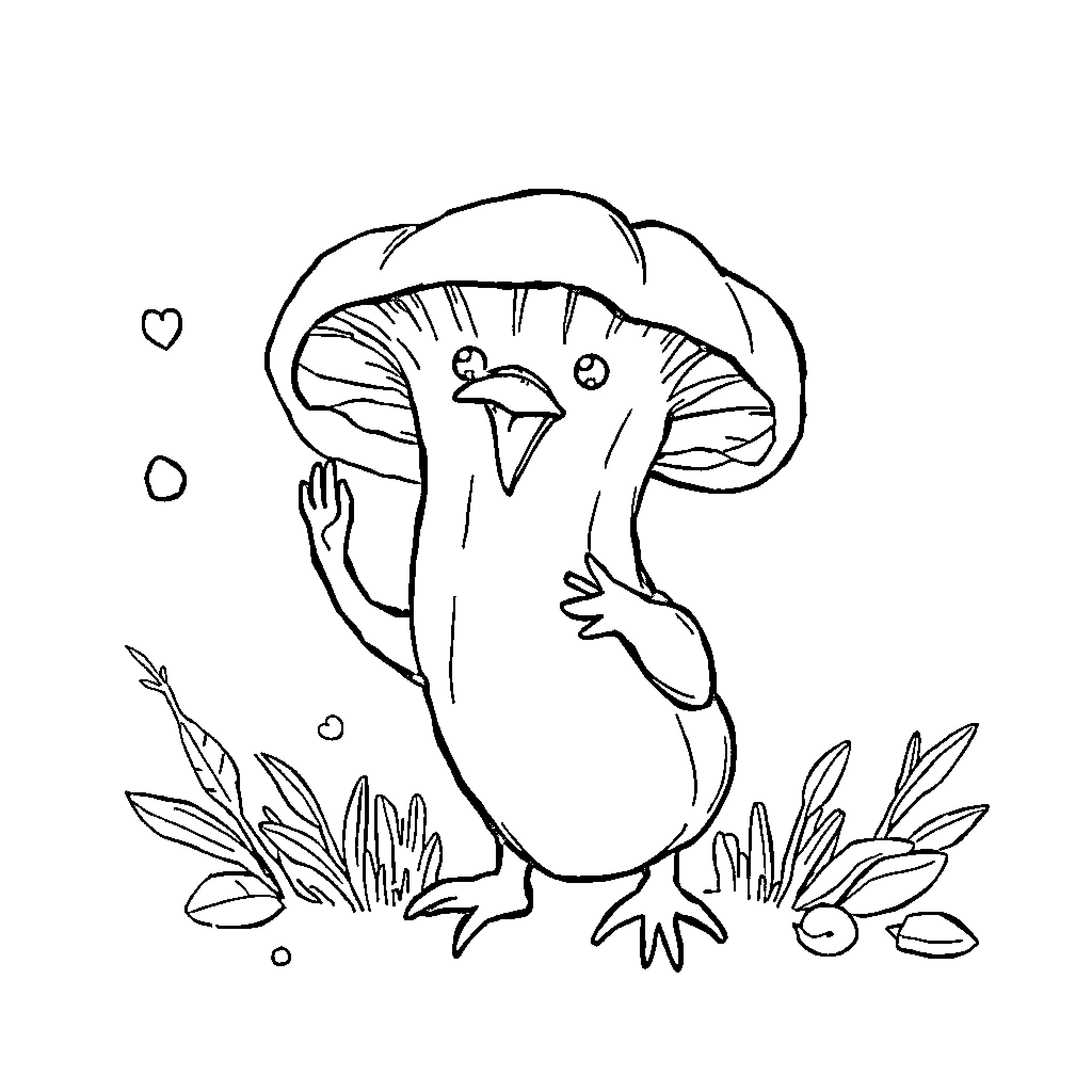 Caca creature with mushroom in whimsical setting Coloring Page (free black-and-white line drawing printable PDF for all, from beginners to advanced learners, including children, teens, adults, and seniors)