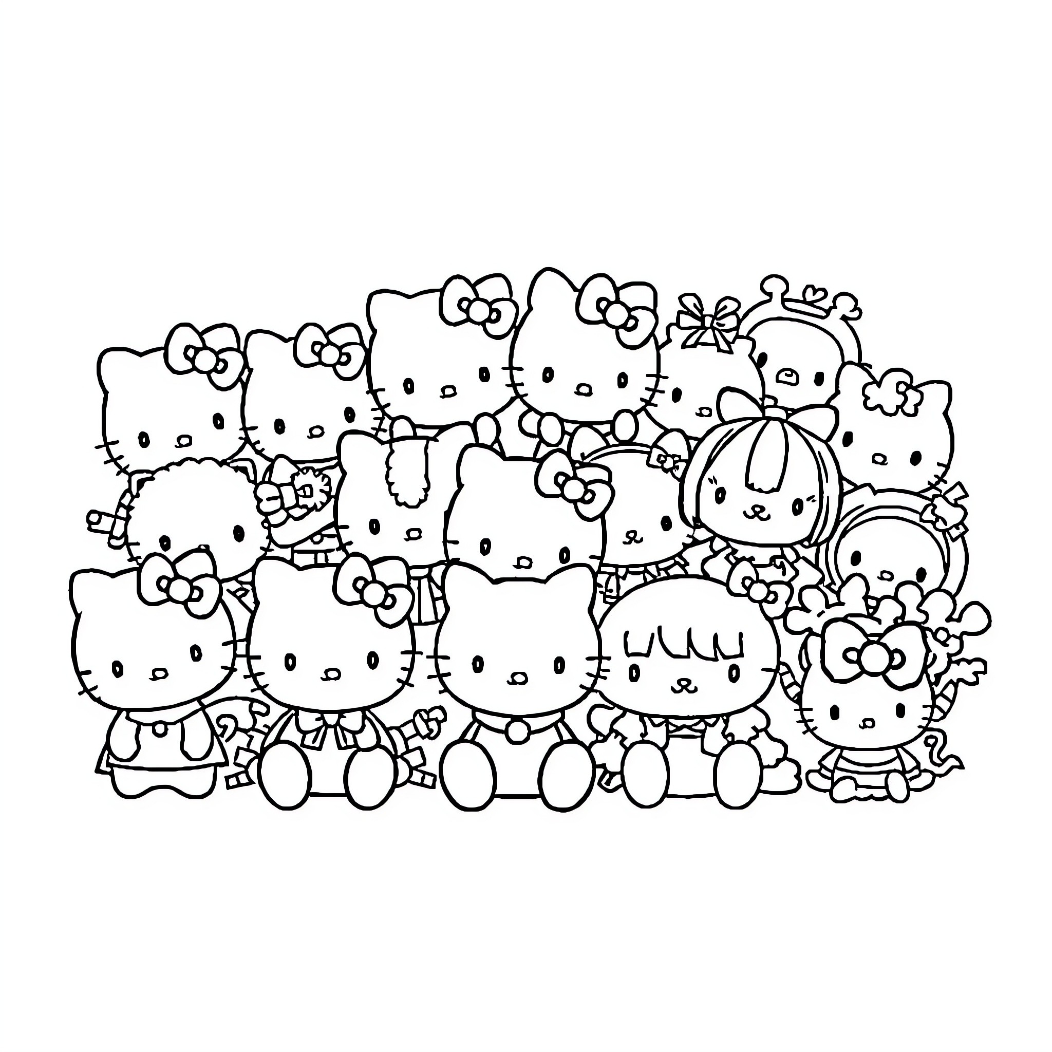 Sanrio characters in a playful group scene Coloring Page (free black-and-white line drawing printable PDF for all, from beginners to advanced learners, including children, teens, adults, and seniors)