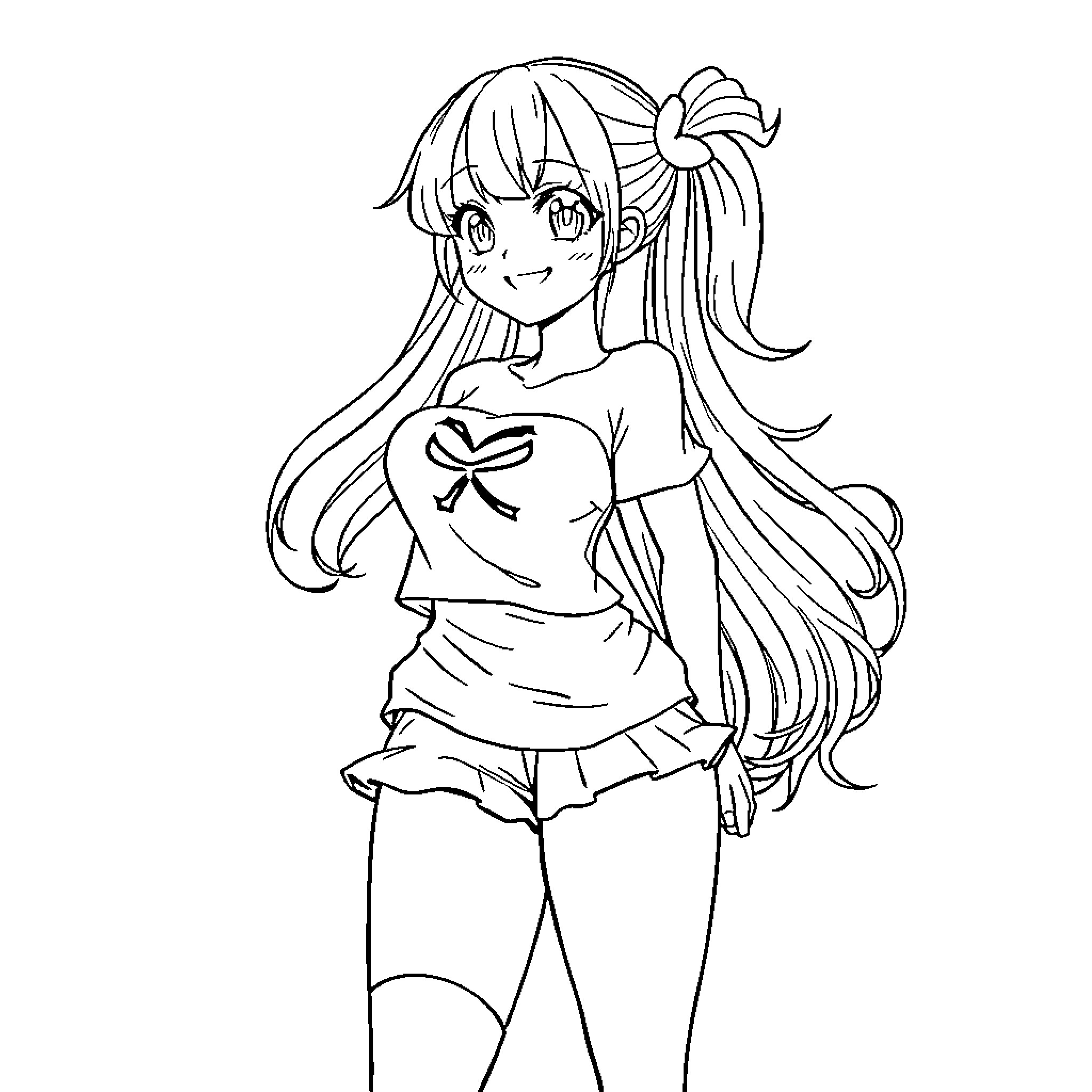 Anime Girl with Cheerful Expressions and Cute Outfit Coloring Page (free black-and-white line drawing printable PDF for all, from beginners to advanced learners, including children, teens, adults, and seniors)