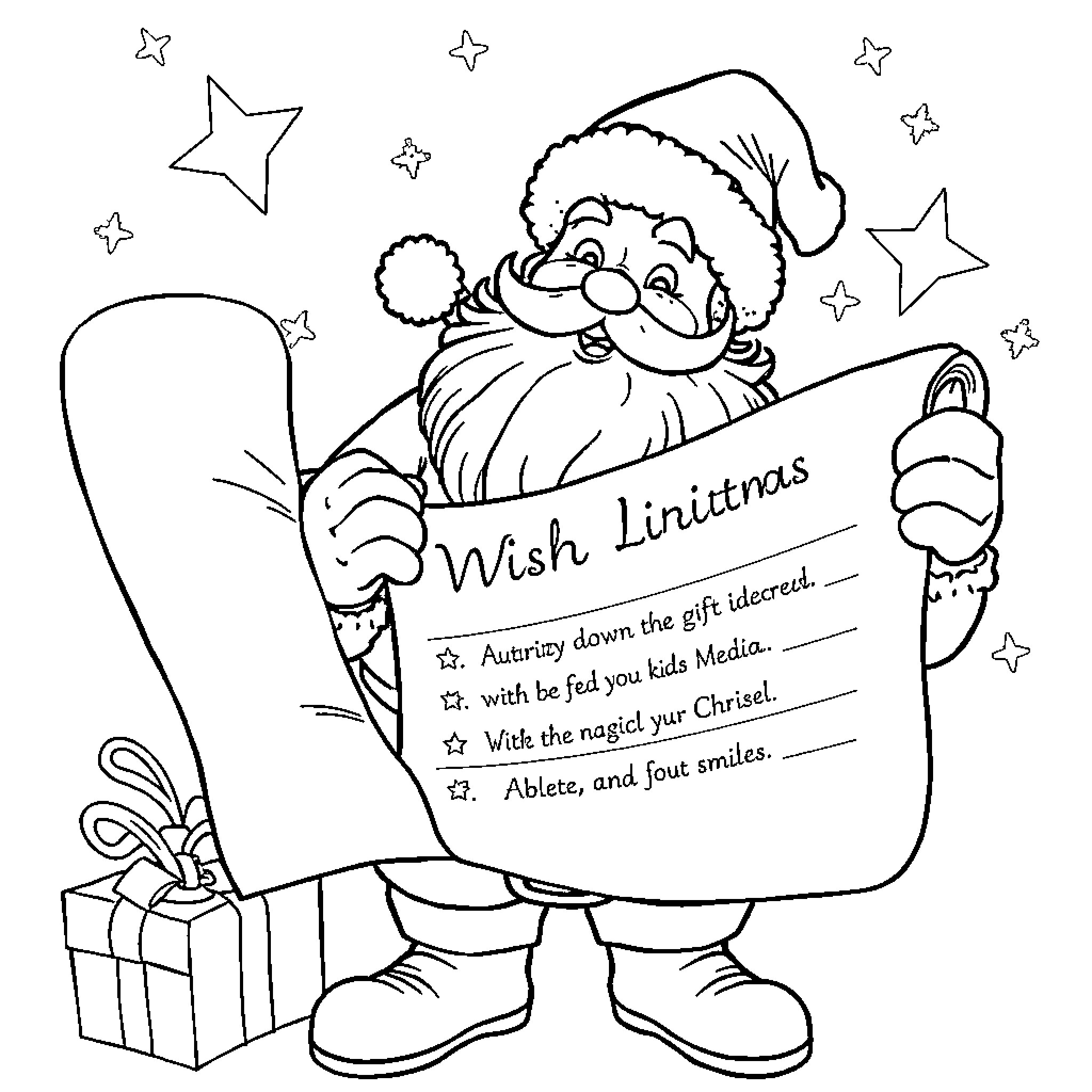 Father Christmas delivering Christmas wishes Coloring Page (free black-and-white line drawing printable PDF for all, from beginners to advanced learners, including children, teens, adults, and seniors)