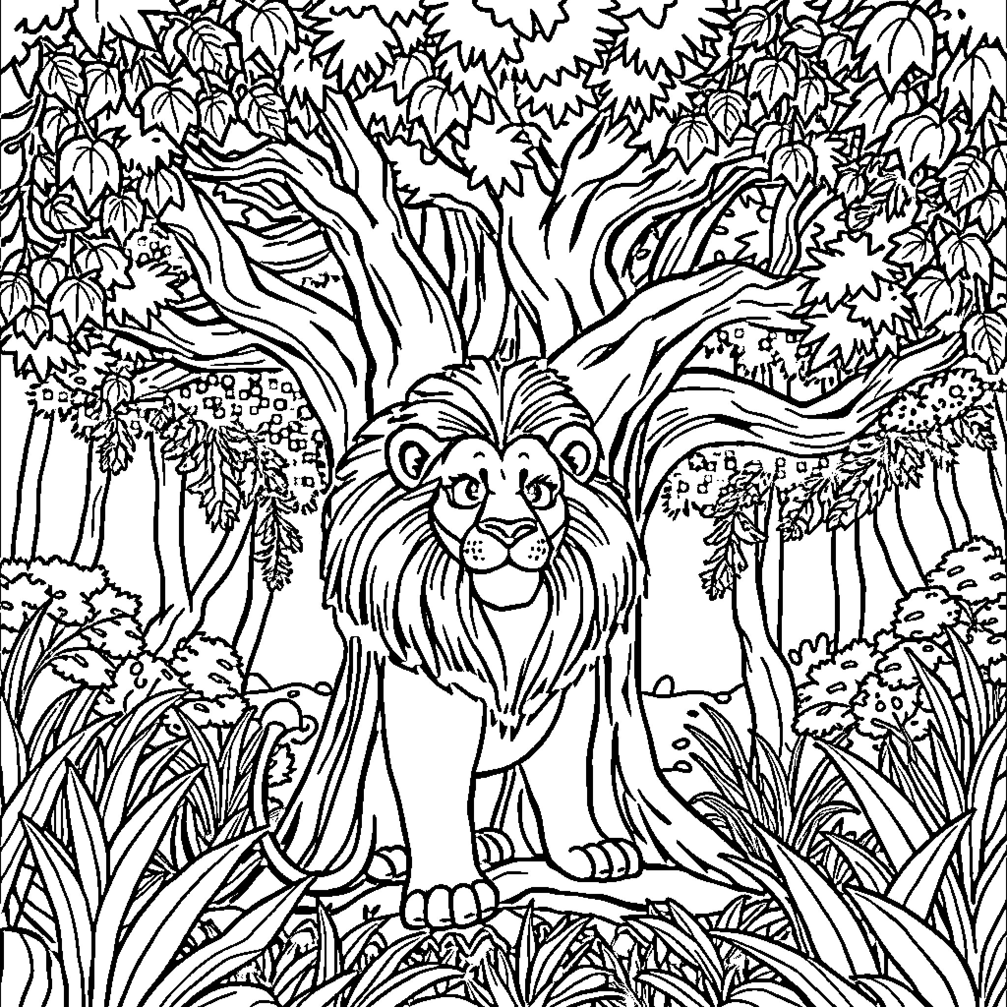 Lion resting in the lush jungle foliage Coloring Page (free black-and-white line drawing printable PDF for all, from beginners to advanced learners, including children, teens, adults, and seniors)