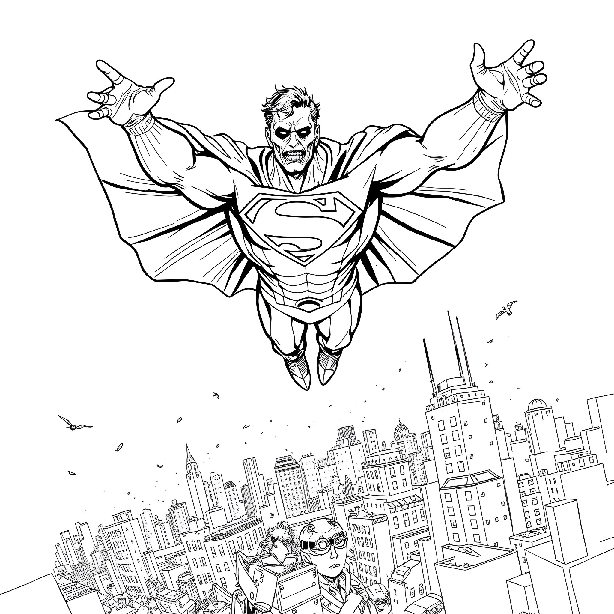 Zombie Superman unleashing chaos over the city Coloring Page (free black-and-white line drawing printable PDF for all, from beginners to advanced learners, including children, teens, adults, and seniors)