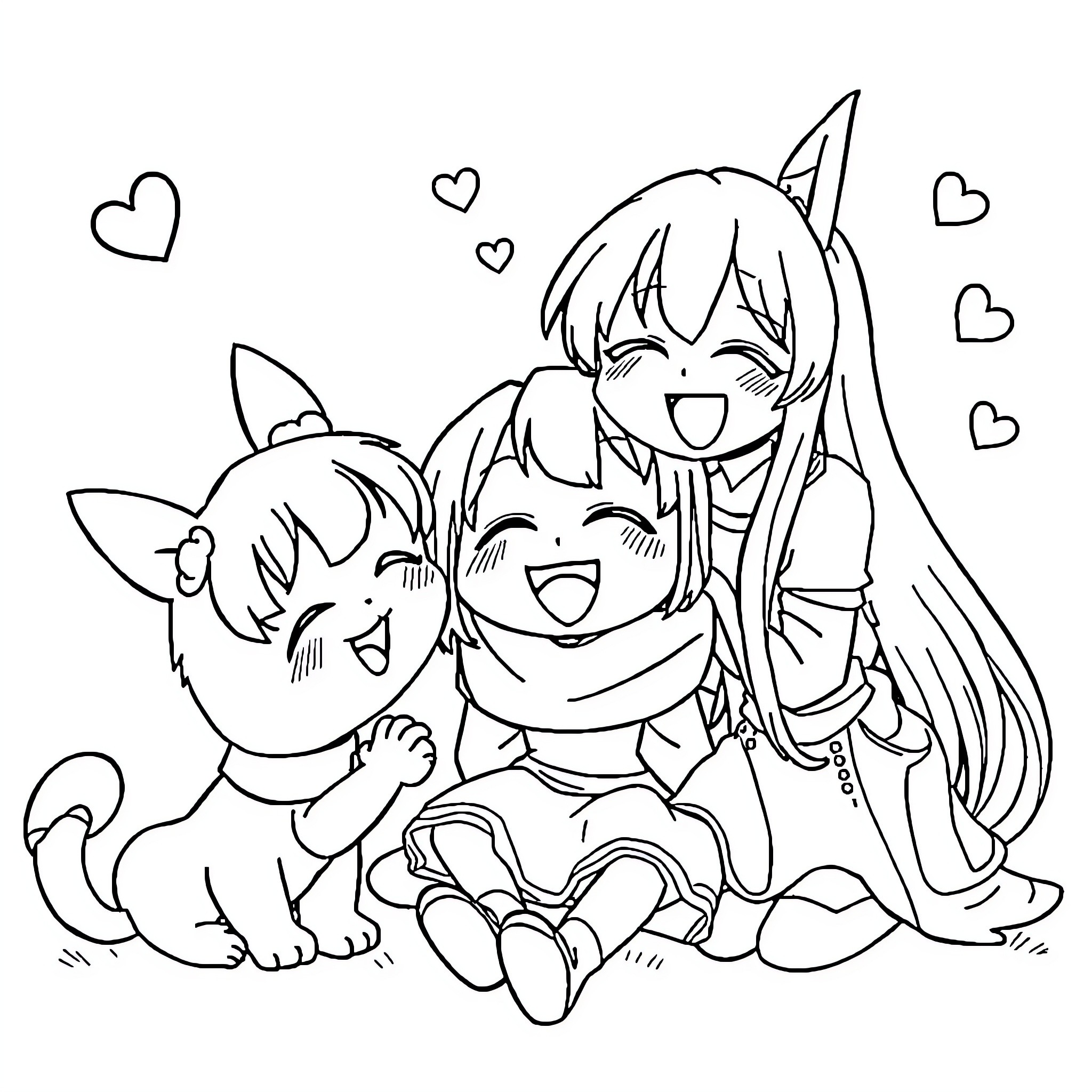 Kuromi and friends enjoying a playful moment Coloring Page (free black-and-white line drawing printable PDF for all, from beginners to advanced learners, including children, teens, adults, and seniors)