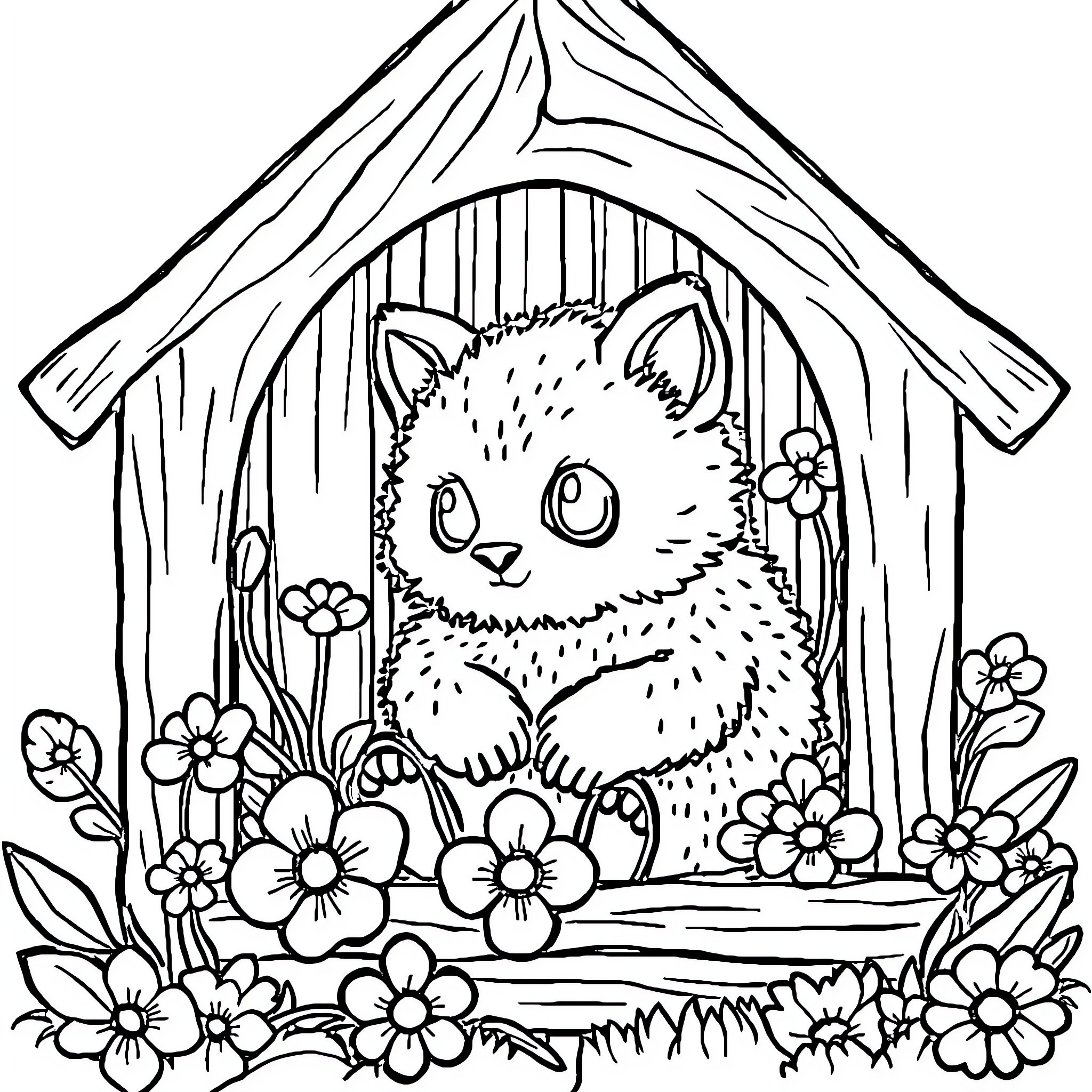 Bear sitting in a flower-filled woodland cottage Coloring Page (free black-and-white line drawing printable PDF for all, from beginners to advanced learners, including children, teens, adults, and seniors)