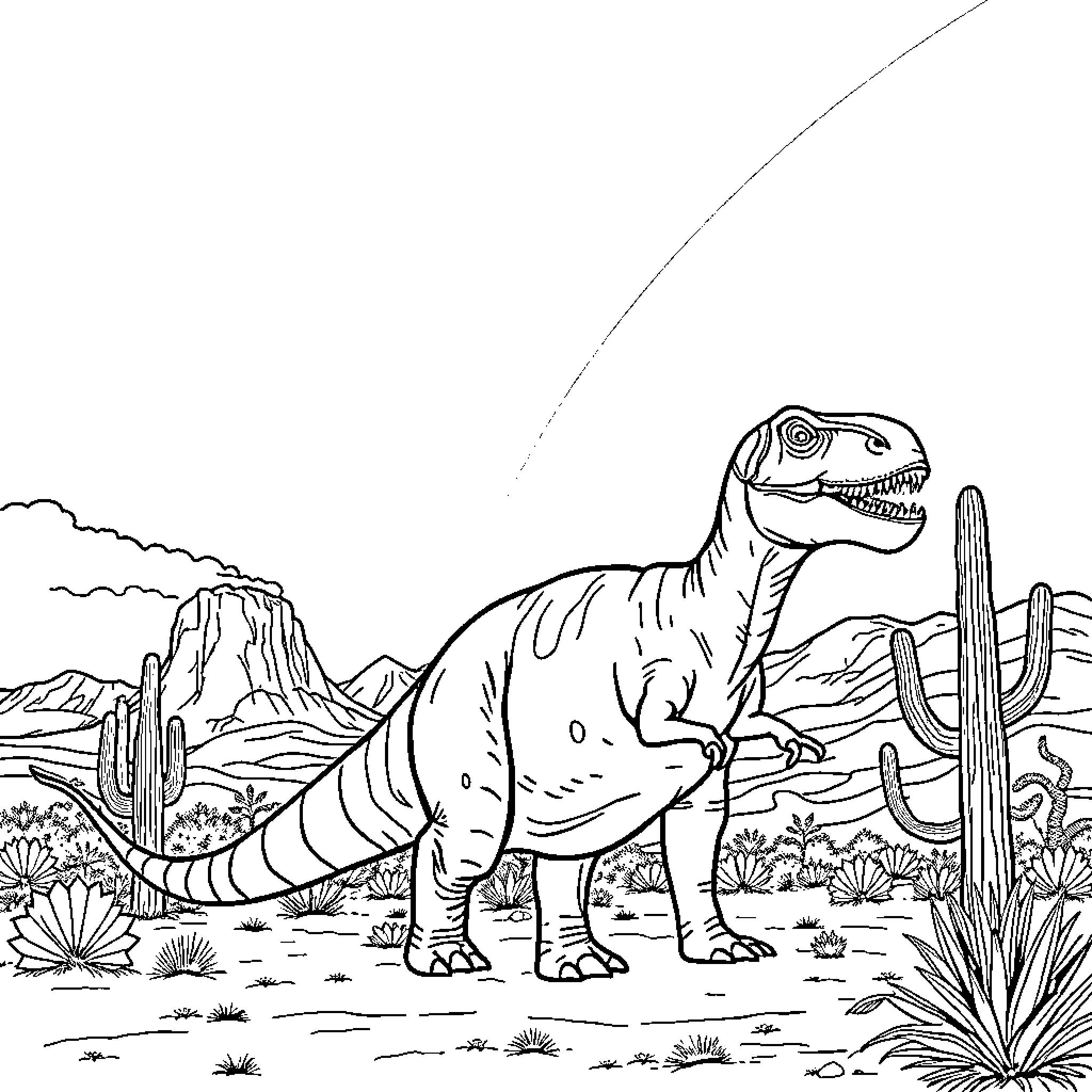 Dinosaur in a Vast Desert Landscape Coloring Page (free black-and-white line drawing printable PDF for all, from beginners to advanced learners, including children, teens, adults, and seniors)